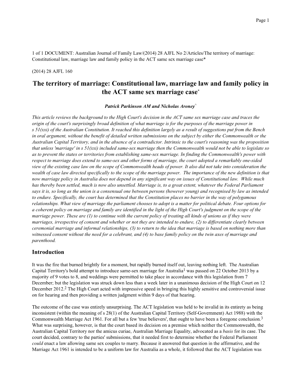 The Territory of Marriage: Constitutional Law, Marriage Law and Family Policy in the ACT Same Sex Marriage Case*