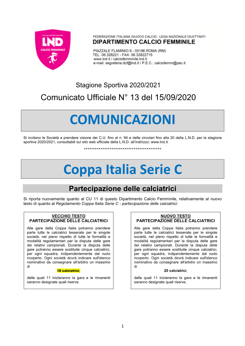 COMUNICAZIONI Coppa Italia Serie C