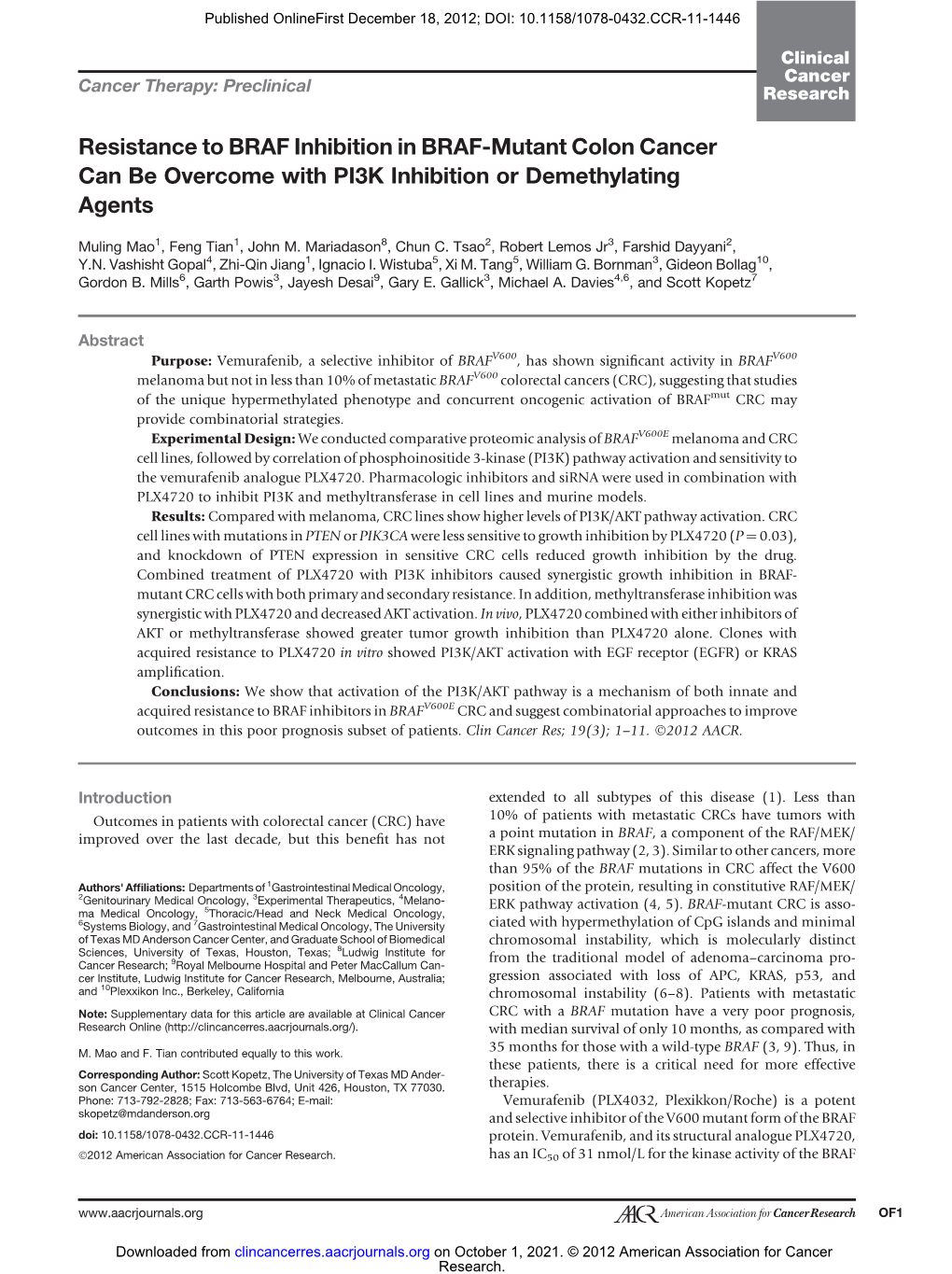 Resistance to BRAF Inhibition in BRAF-Mutant Colon Cancer Can Be Overcome with PI3K Inhibition Or Demethylating Agents