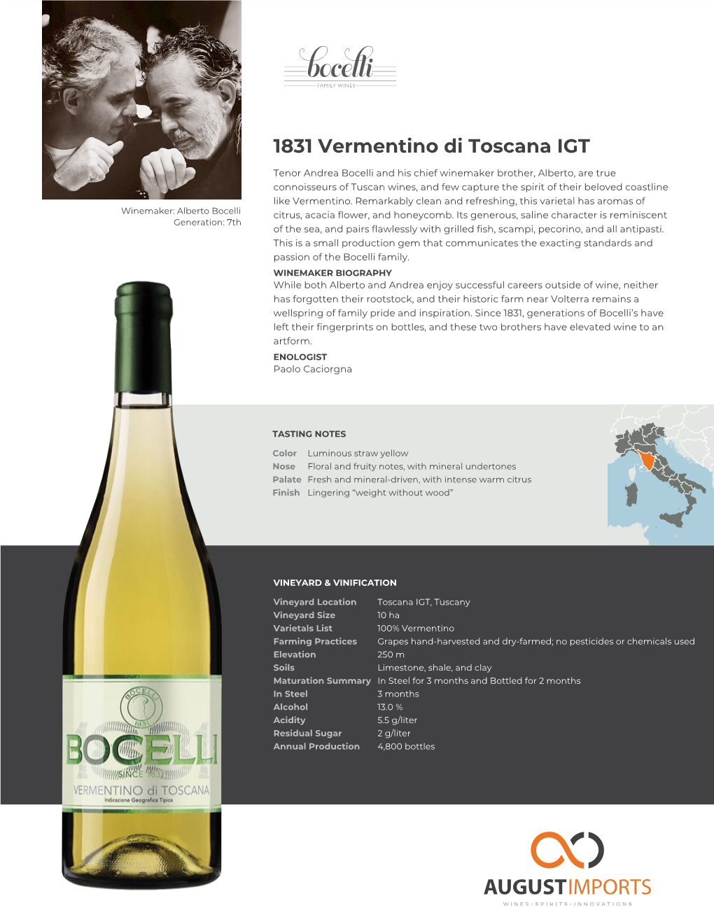 Bocelli Family Wines | 1831 Vermentino Di Toscana