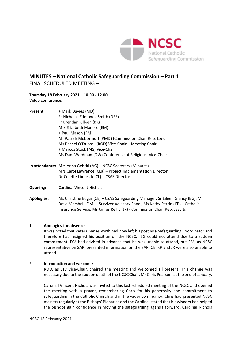 MINUTES – National Catholic Safeguarding Commission – Part 1 FINAL SCHEDULED MEETING –