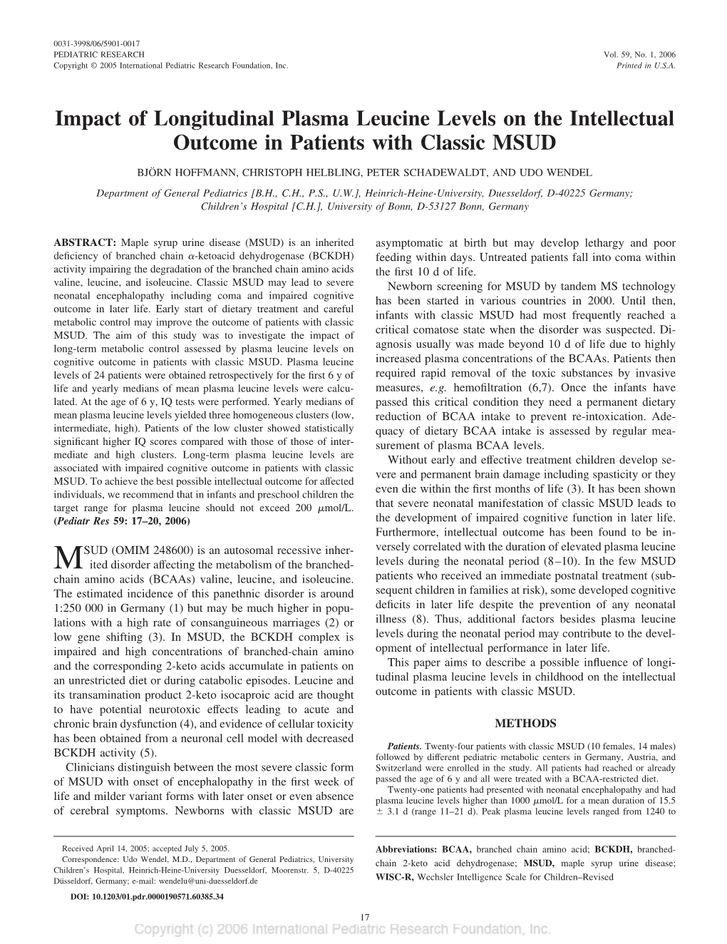 Impact of Longitudinal Plasma Leucine Levels on the Intellectual Outcome in Patients with Classic MSUD