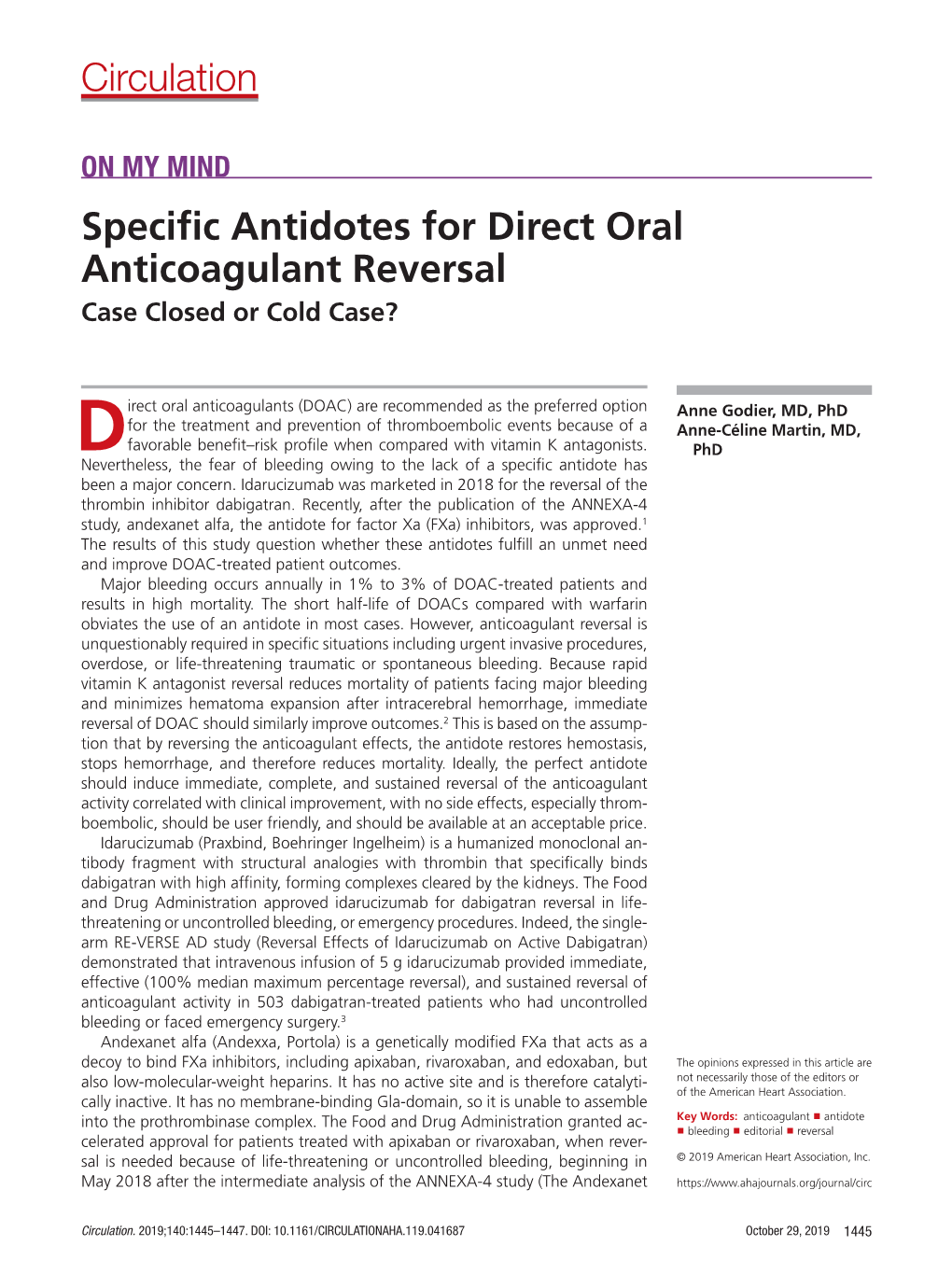 Specific Antidotes for Direct Oral Anticoagulant Reversal Circulation