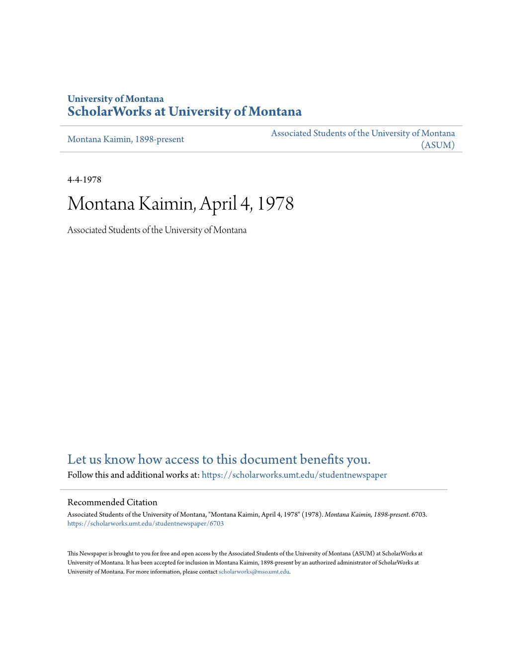Montana Kaimin, April 4, 1978 Associated Students of the University of Montana