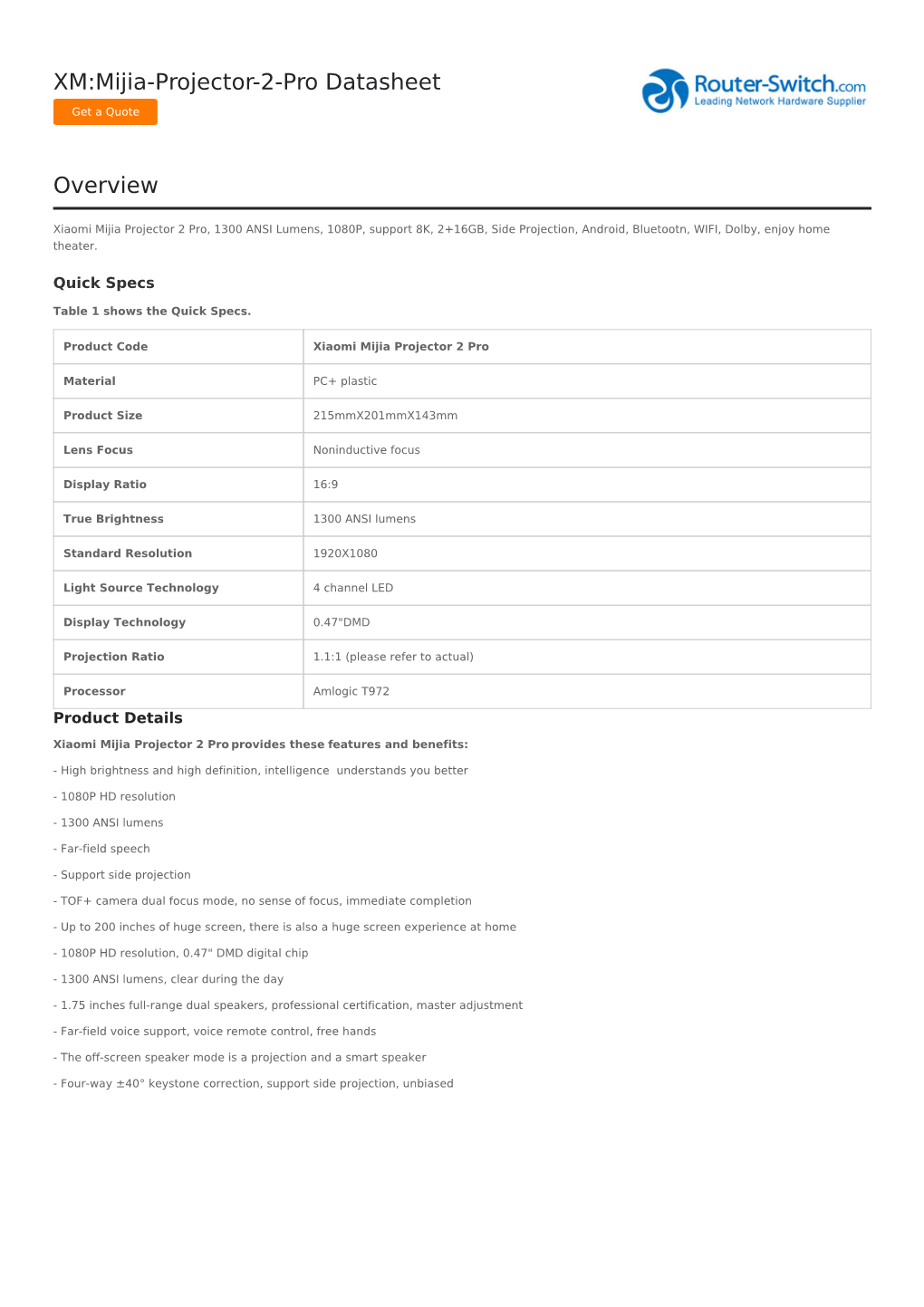 XM:Mijia-Projector-2-Pro Datasheet Overview