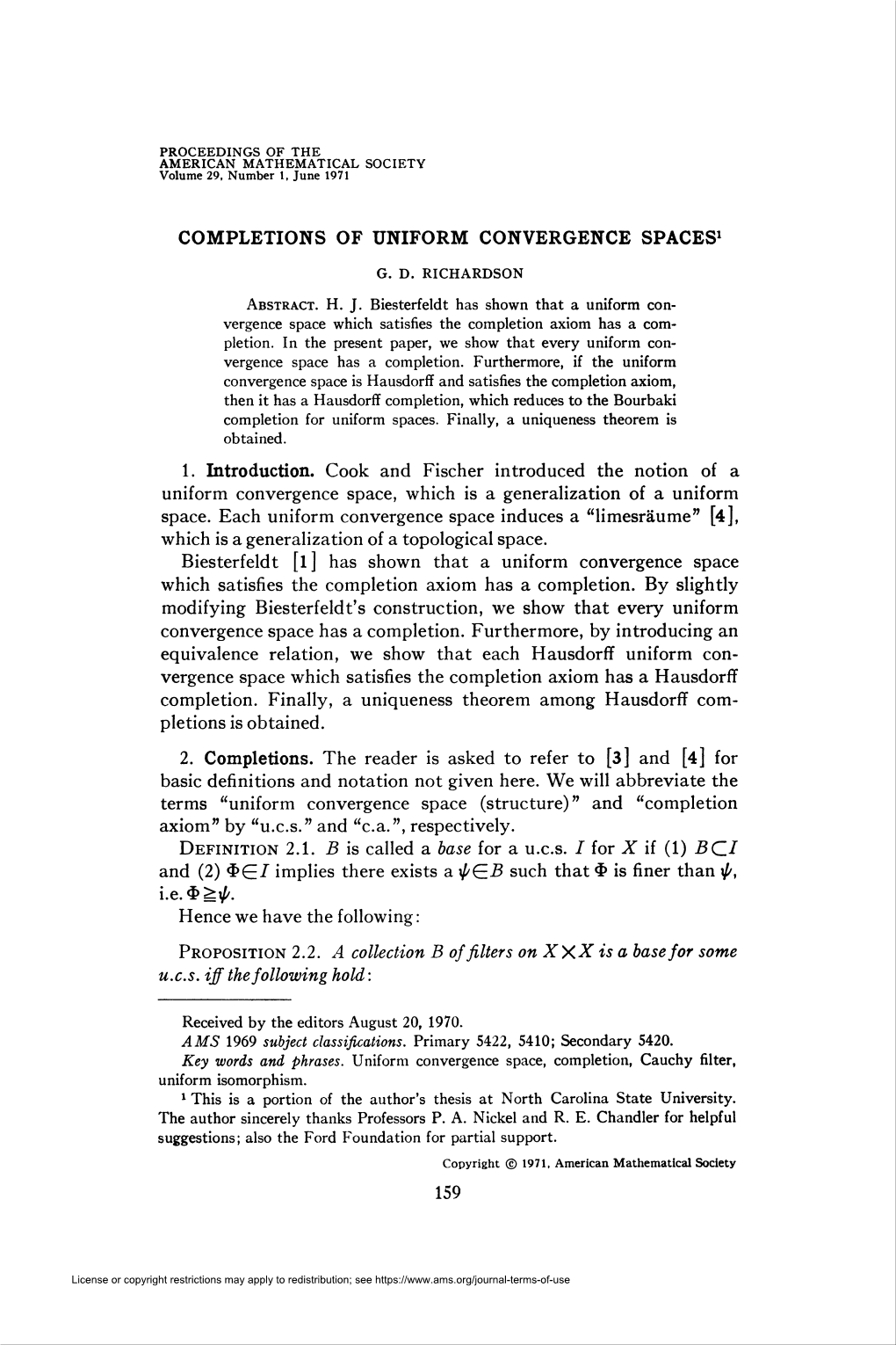 COMPLETIONS of UNIFORM CONVERGENCE SPACES1 Ucs Iff