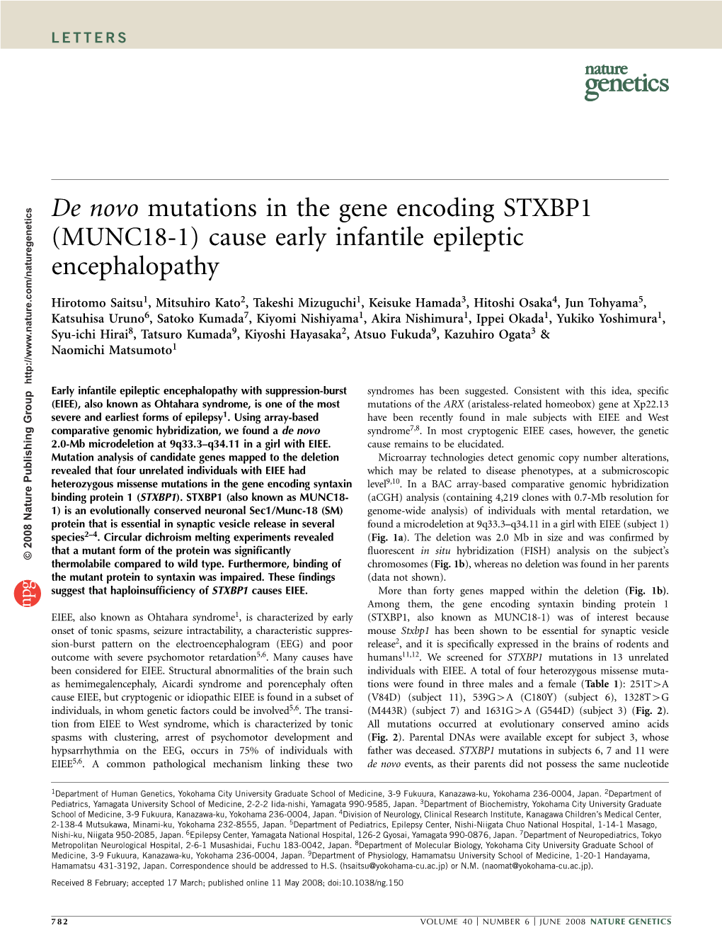 De Novo Mutations in the Gene Encoding STXBP1 (MUNC18-1) Cause Early Infantile Epileptic Encephalopathy