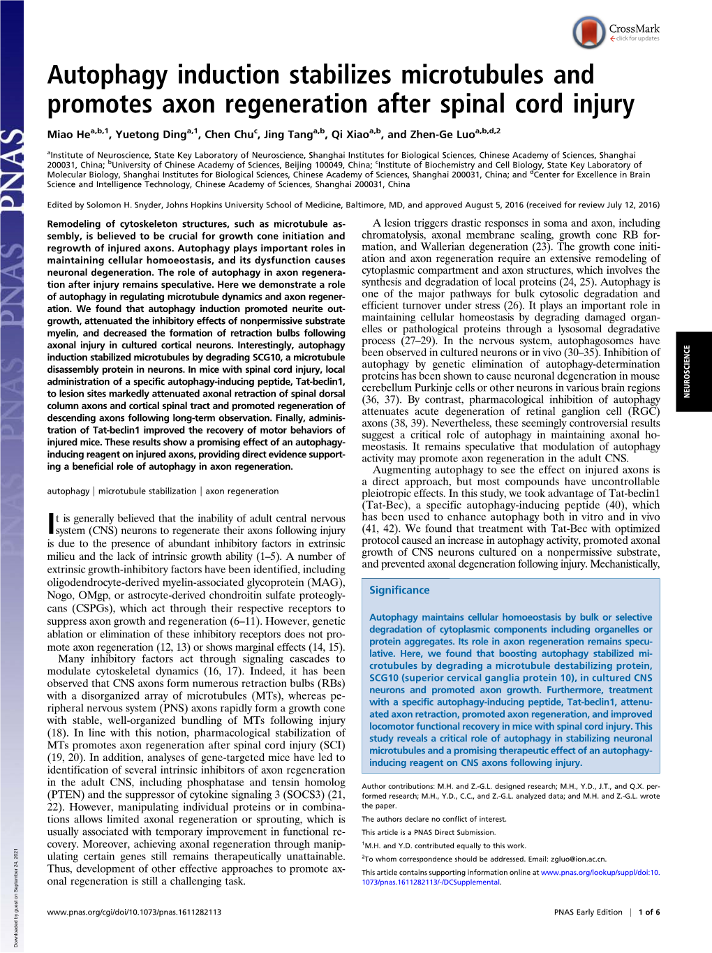 Autophagy Induction Stabilizes Microtubules and Promotes Axon Regeneration After Spinal Cord Injury