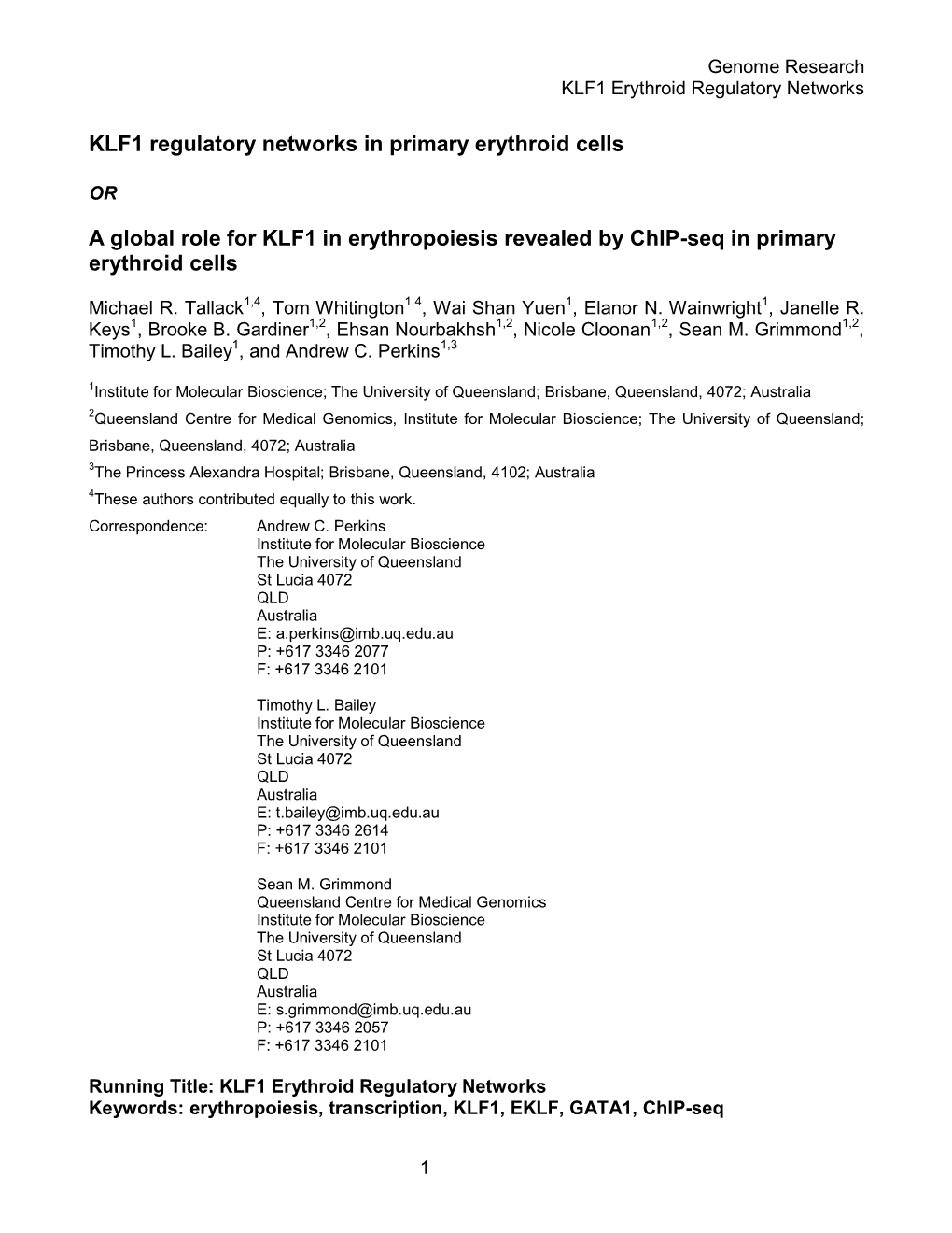 KLF1 Regulatory Networks in Primary Erythroid Cells a Global Role For