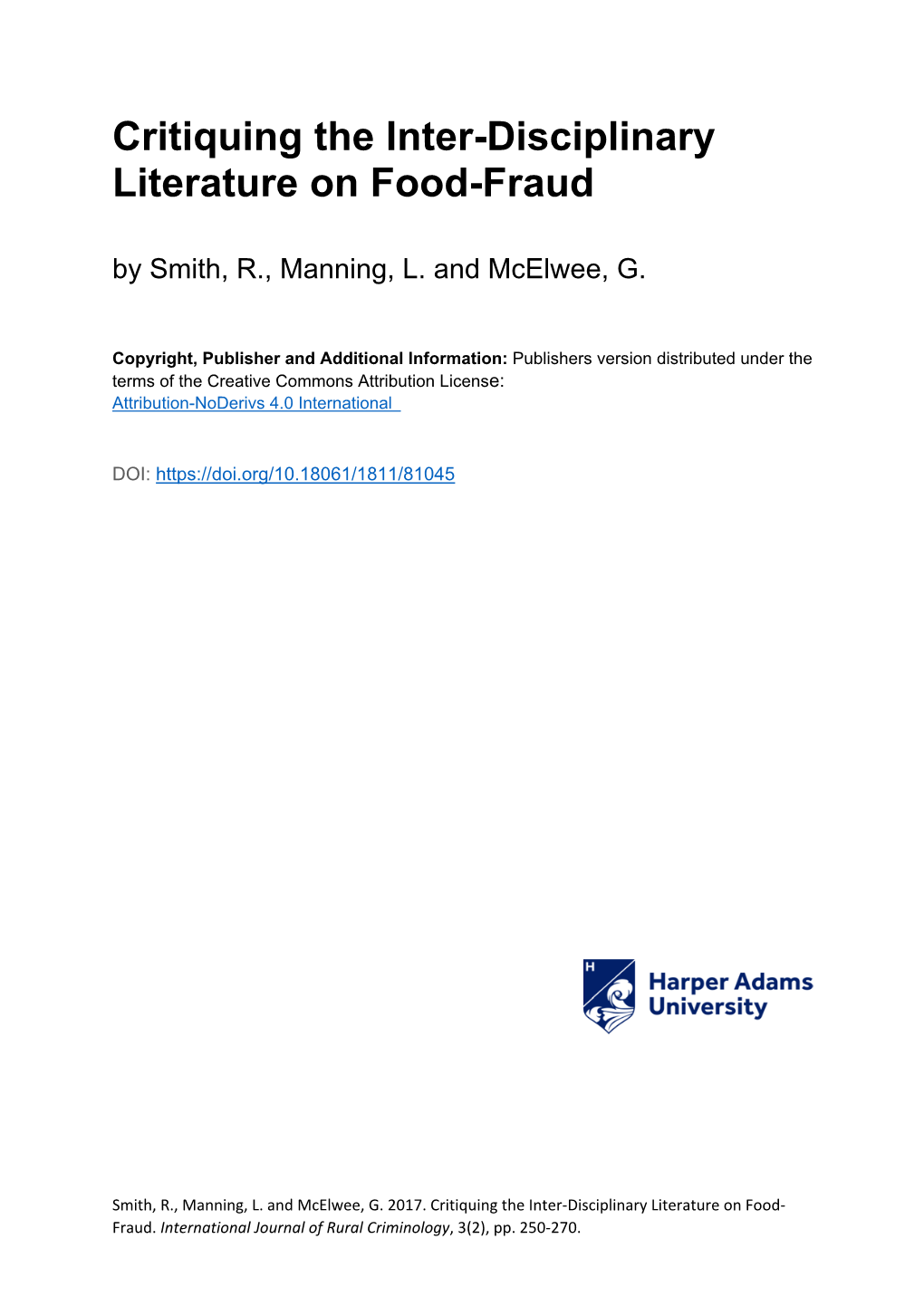 Critiquing the Inter-Disciplinary Literature on Food-Fraud by Smith, R., Manning, L