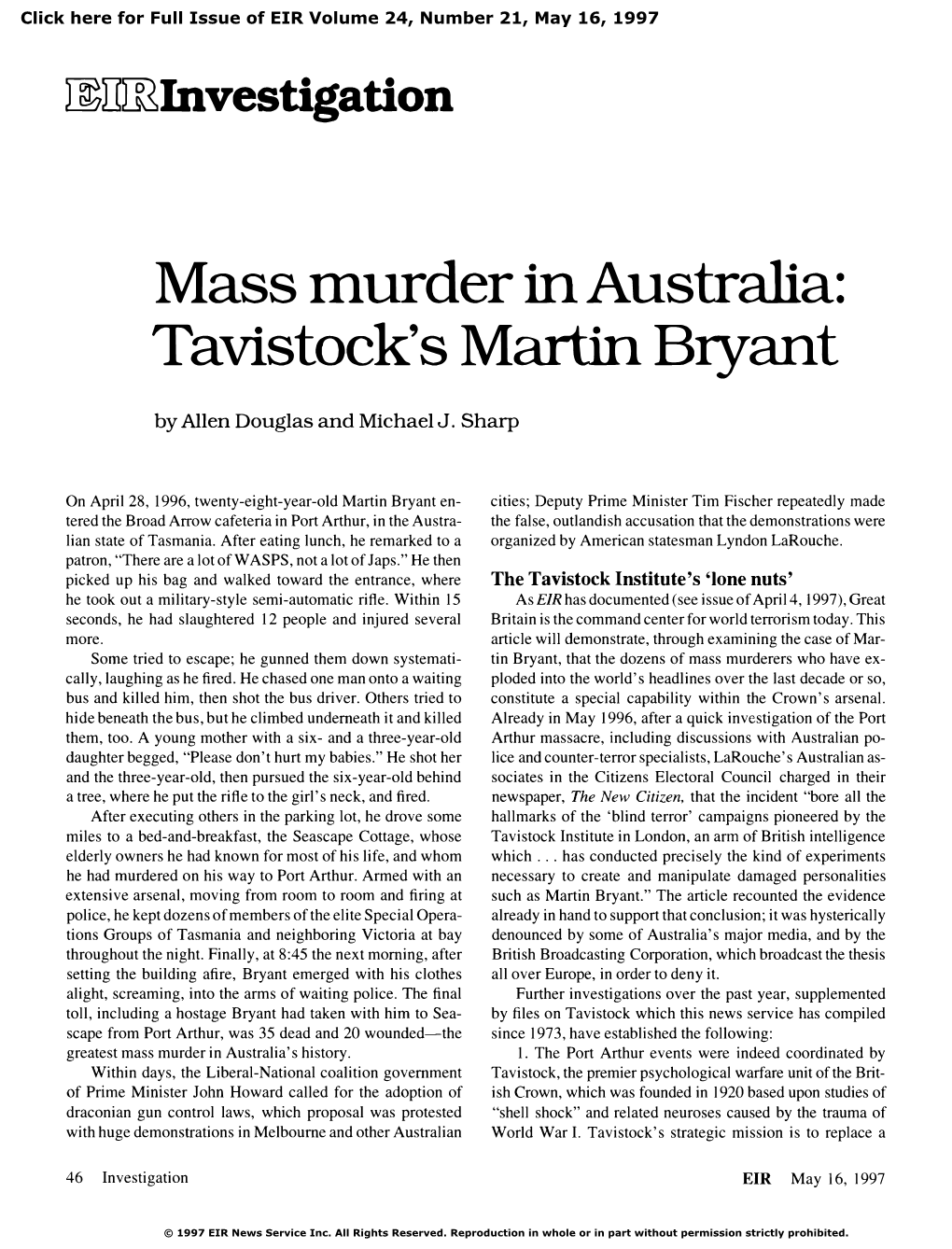 Mass Murder in Australia: Tavistock's Martin Bryant