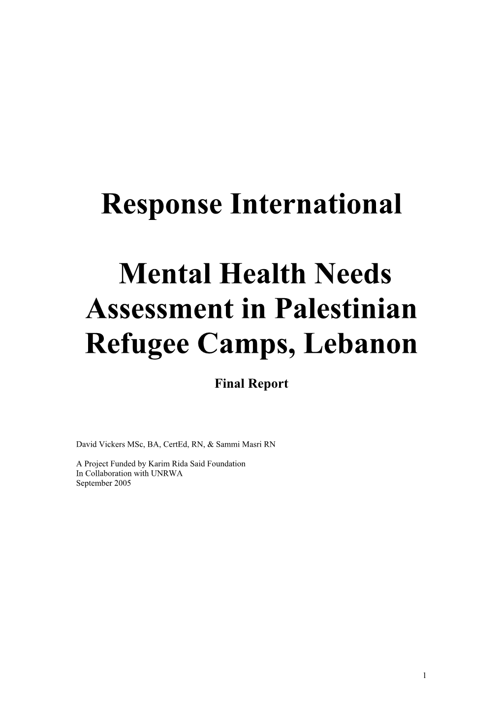 Response International Mental Health Needs Assessment in Palestinian
