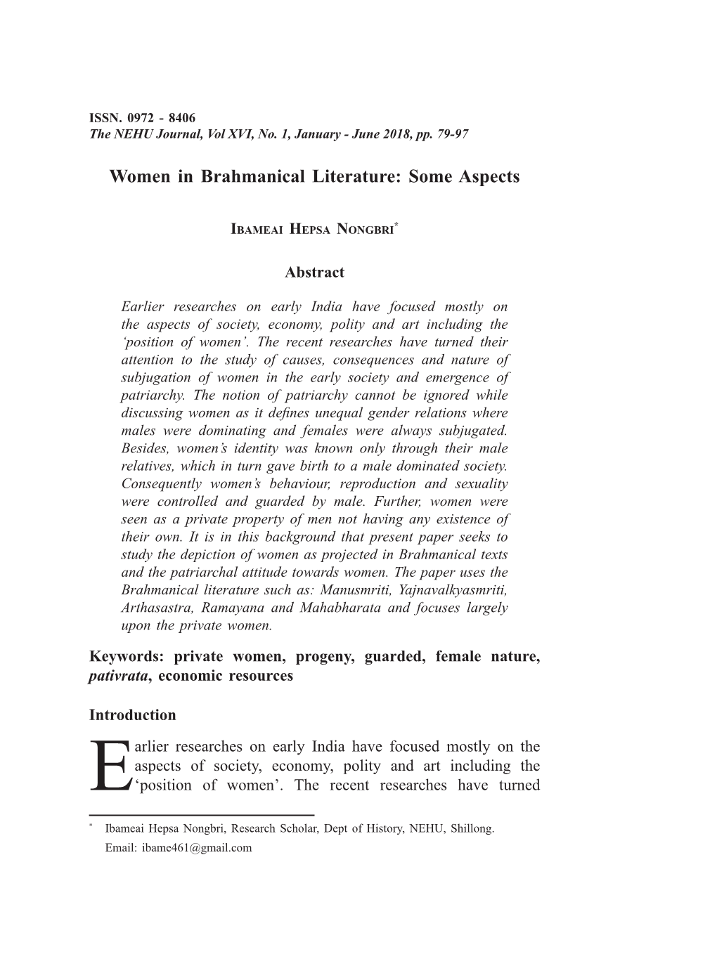 Women in Brahmanical Literature: Some Aspects