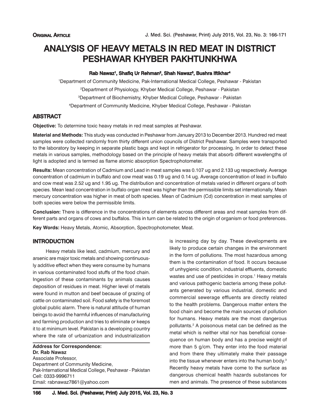 Analysis of Heavy Metals in Red Meat in District Peshawar Khyber Pakhtunkhwa