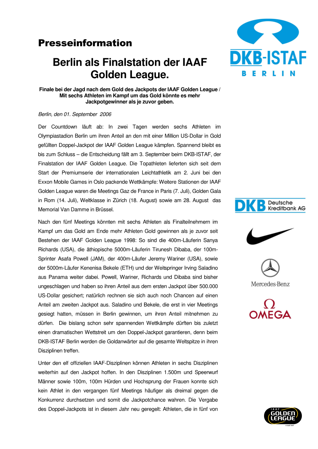 Berlin Als Finalstation Der IAAF Golden League