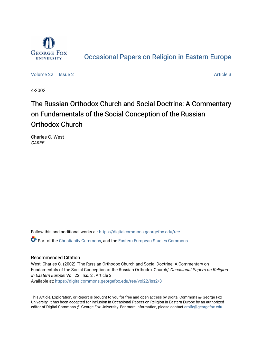 The Russian Orthodox Church and Social Doctrine: a Commentary on Fundamentals of the Social Conception of the Russian Orthodox Church