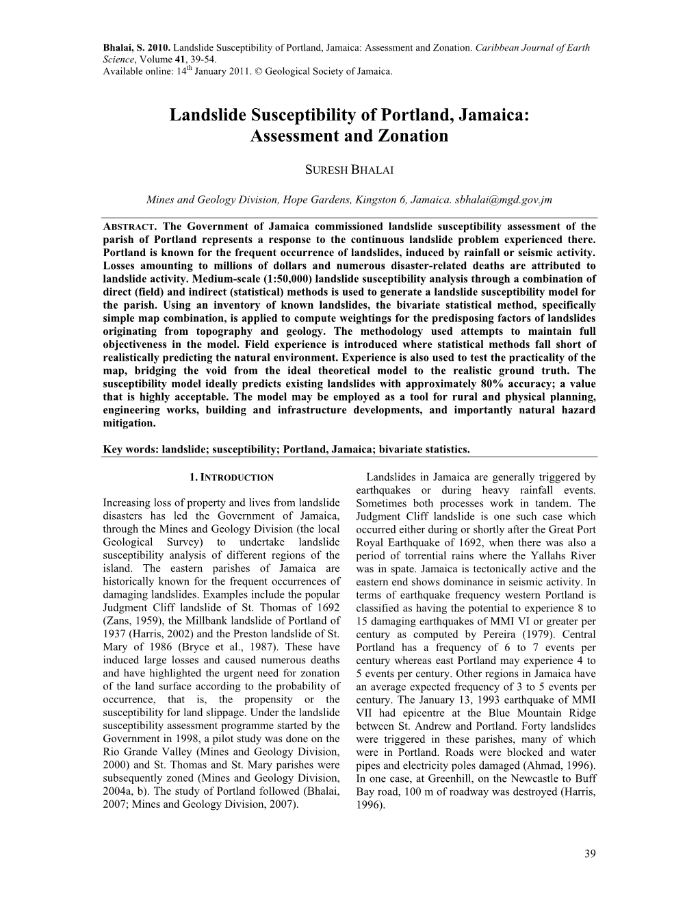 Landslide Susceptibility of Portland, Jamaica: Assessment and Zonation