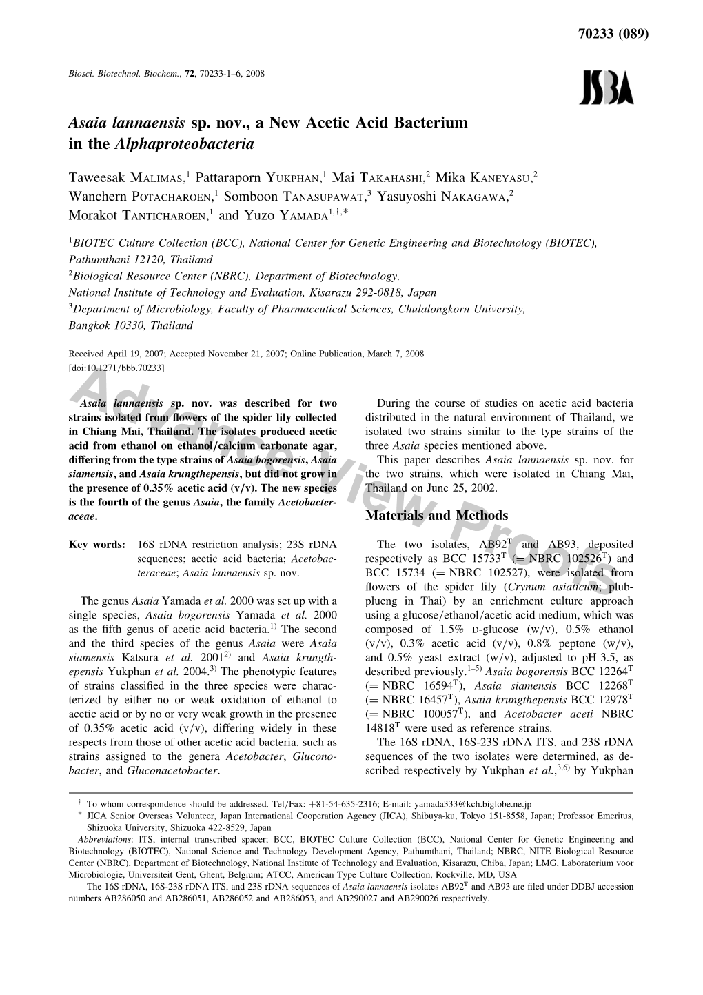 Asaia Lannaensis Sp. Nov., a New Acetic Acid Bacterium in the Alphaproteobacteria