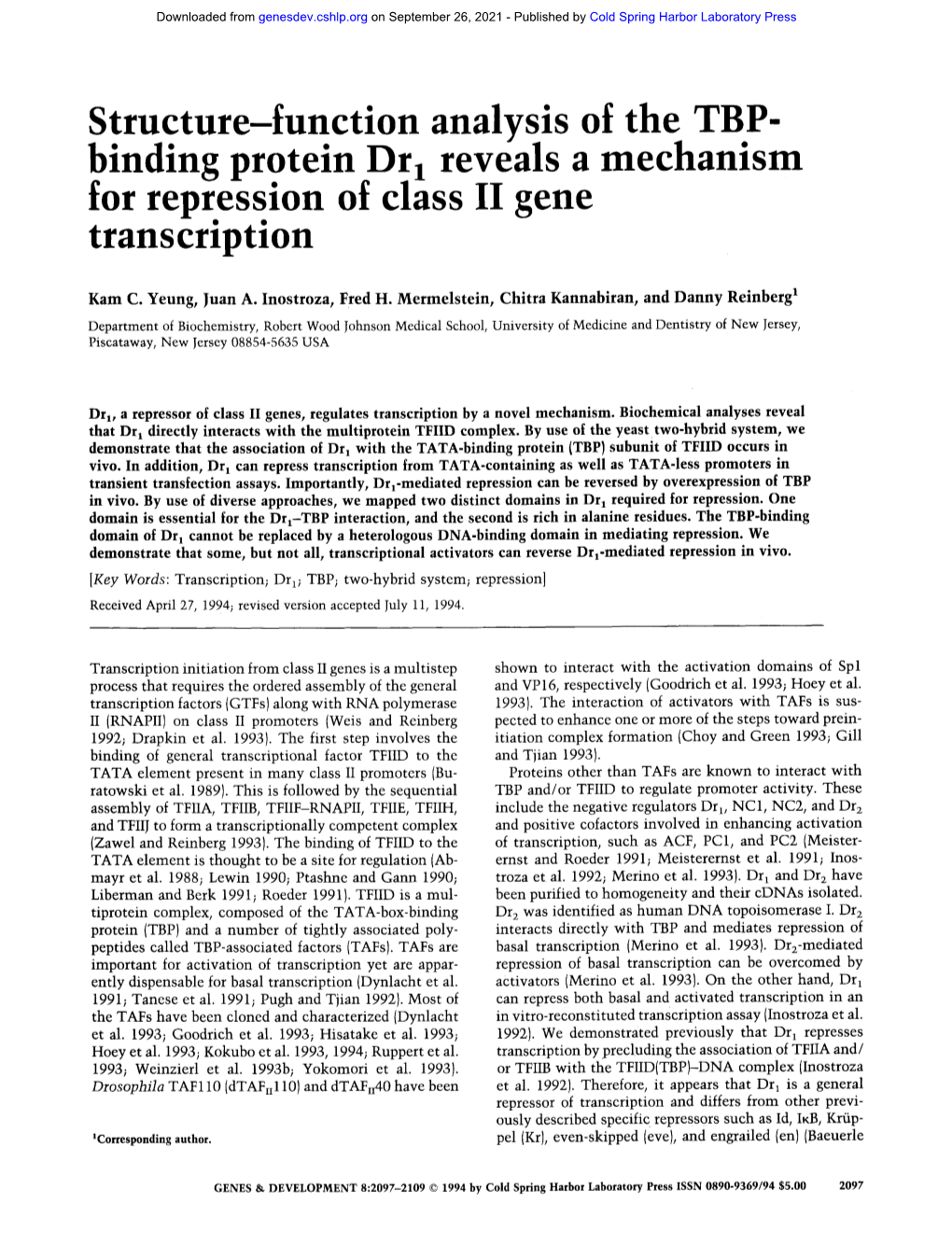 Structure-Function Analysis of the TBP- Binding Protein Dr L Reveals a Mechanism for Repression of Class II Gene Transcription