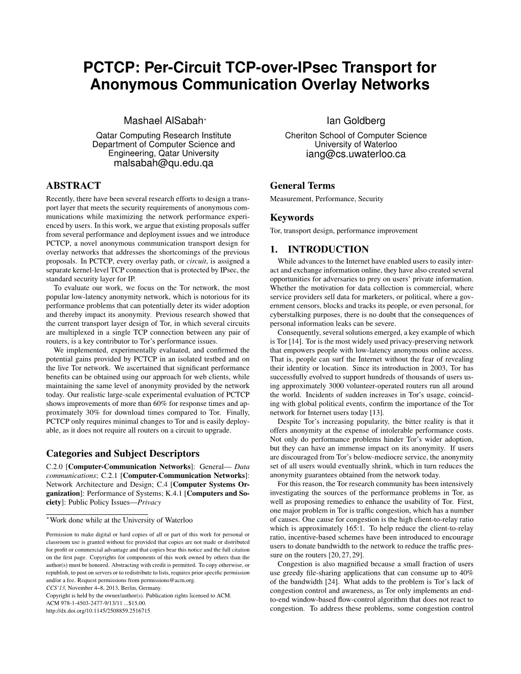 PCTCP: Per-Circuit TCP-Over-Ipsec Transport for Anonymous Communication Overlay Networks