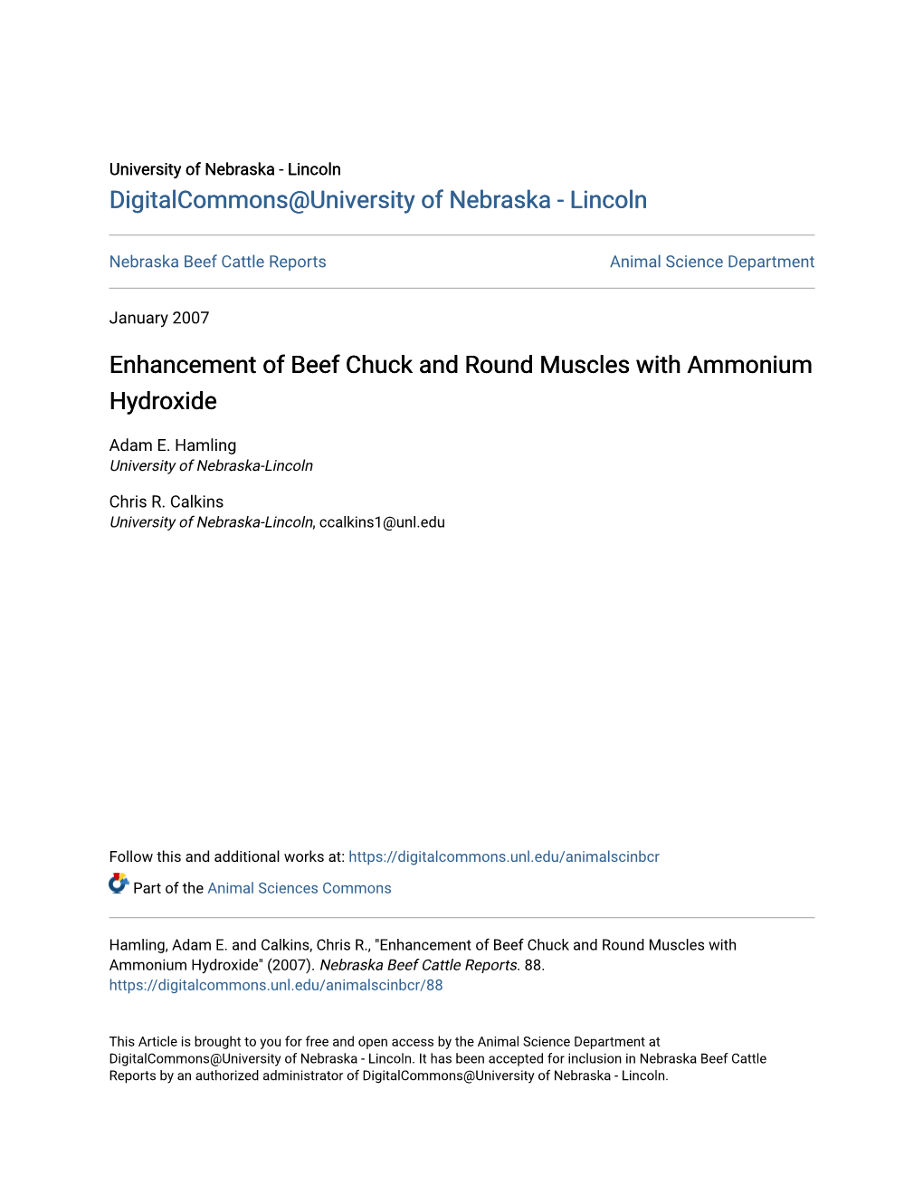 Enhancement of Beef Chuck and Round Muscles with Ammonium Hydroxide