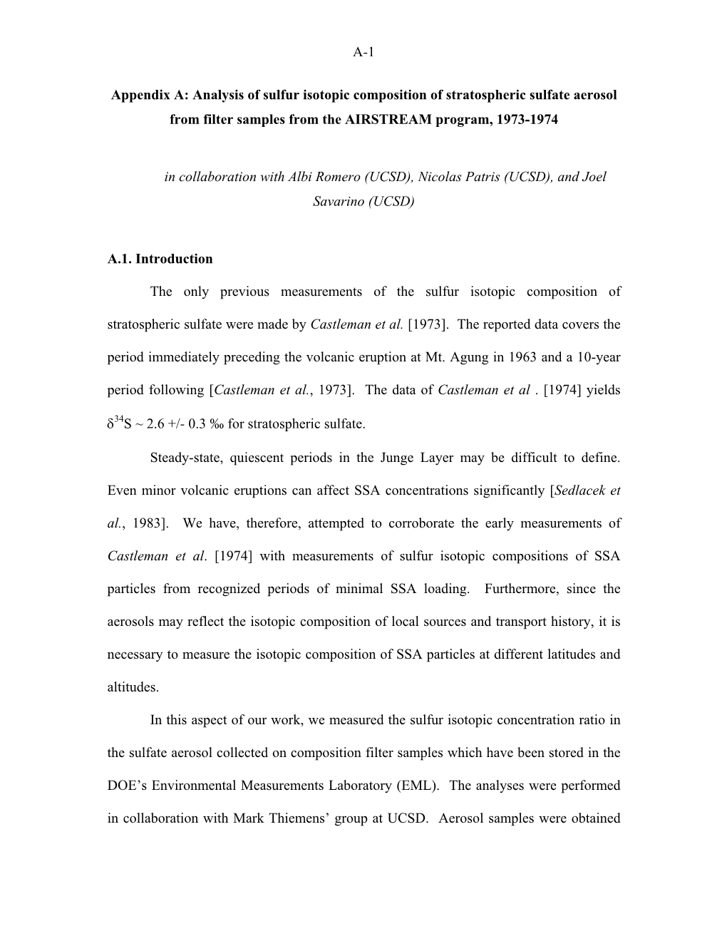 Appendix A: Analysis of Sulfur Isotopic Composition of Stratospheric Sulfate Aerosol from Filter Samples from the AIRSTREAM Program, 1973-1974