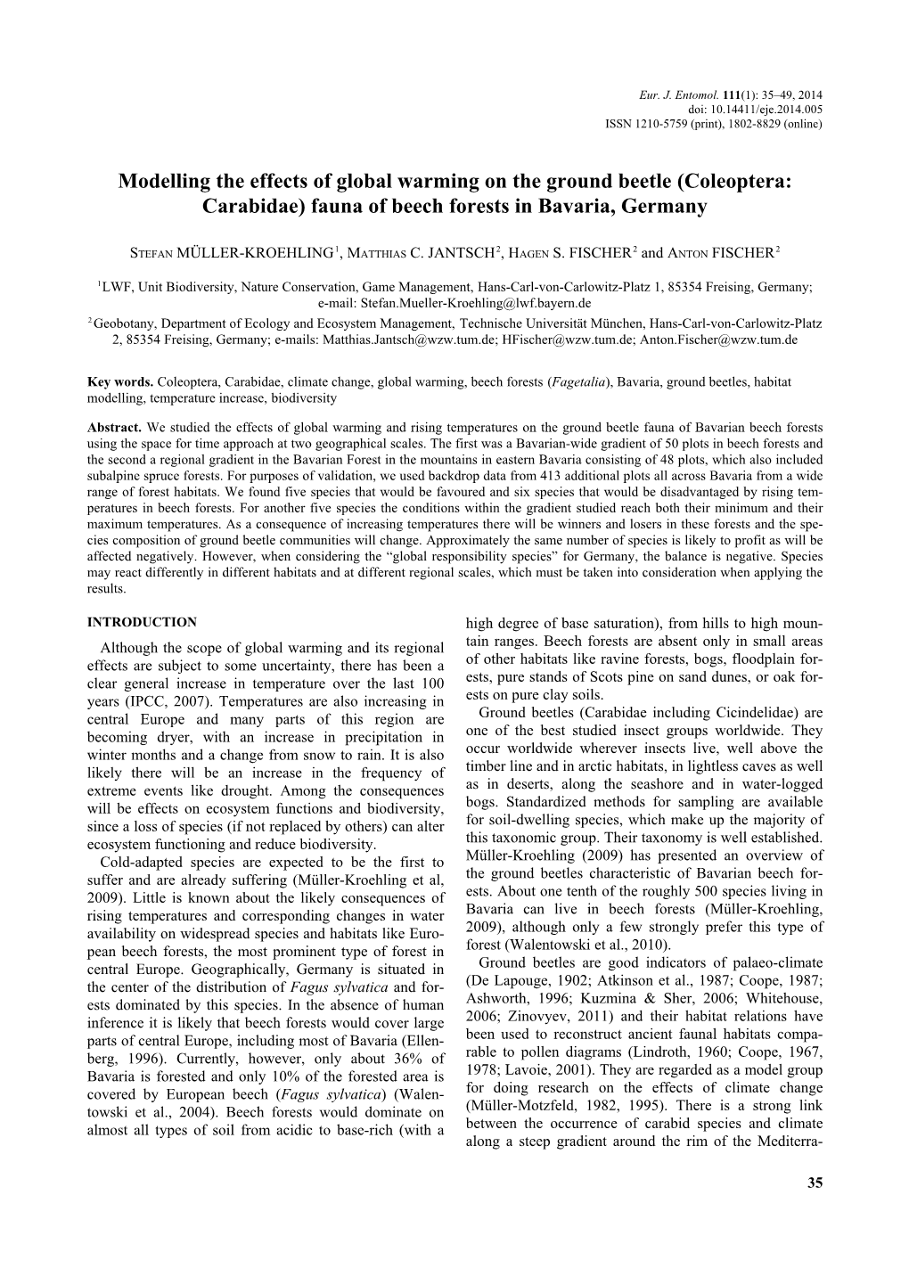 Modelling the Effects of Global Warming on the Ground Beetle (Coleoptera: Carabidae) Fauna of Beech Forests in Bavaria, Germany