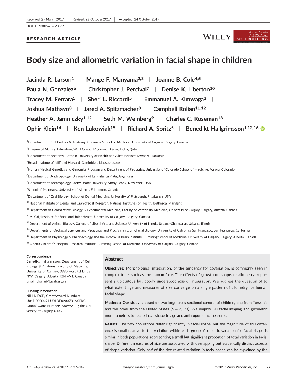 Body Size and Allometric Variation in Facial Shape in Children