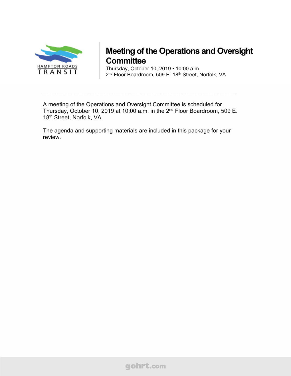 Meeting of the Operations and Oversight Committee Thursday, October 10, 2019 • 10:00 A.M