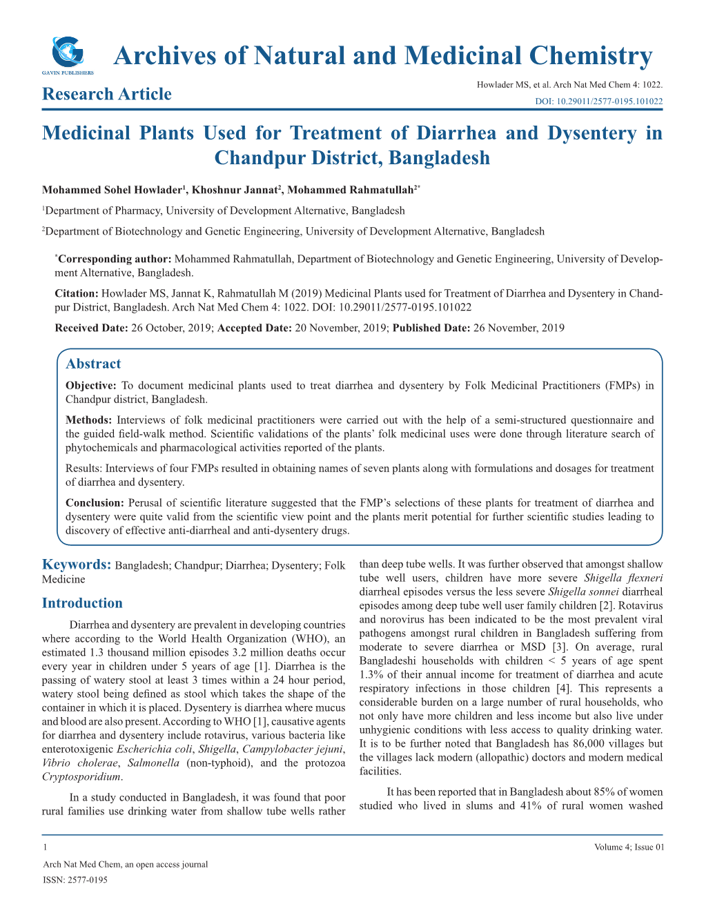 Archives of Natural and Medicinal Chemistry Howlader MS, Et Al