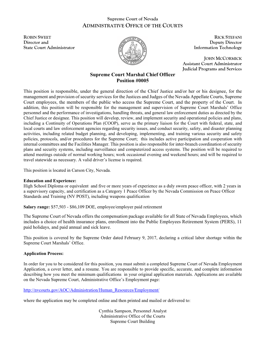 Supreme Court Marshal Chief Officer Position #0005