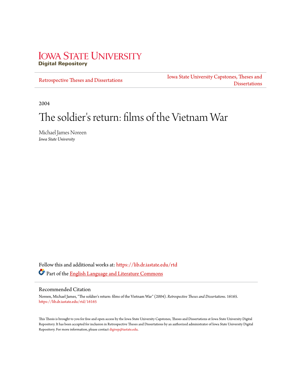 The Soldier's Return: Films of the Vietnam War Michael James Noreen Iowa State University