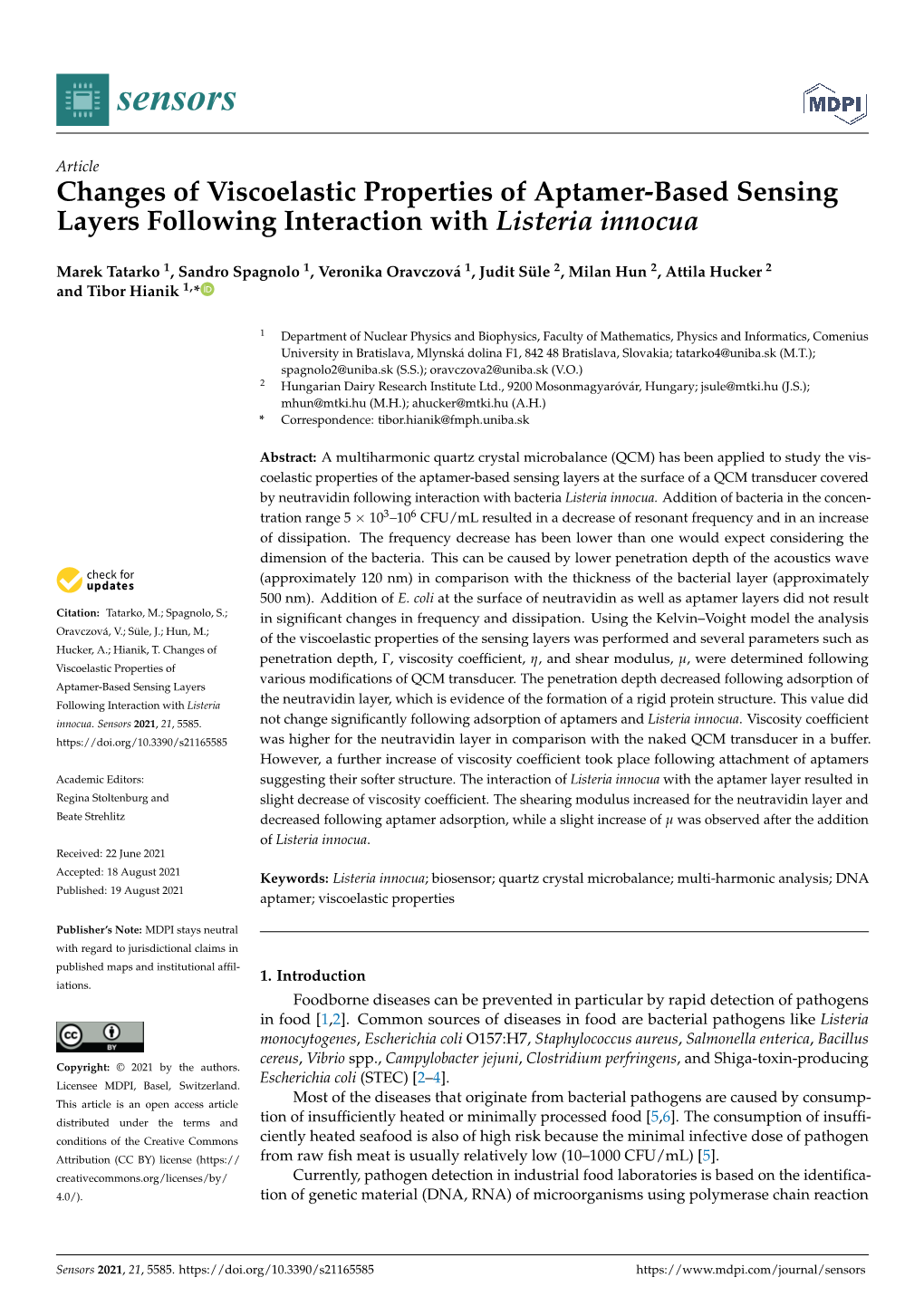 Changes of Viscoelastic Properties of Aptamer-Based Sensing Layers Following Interaction with Listeria Innocua