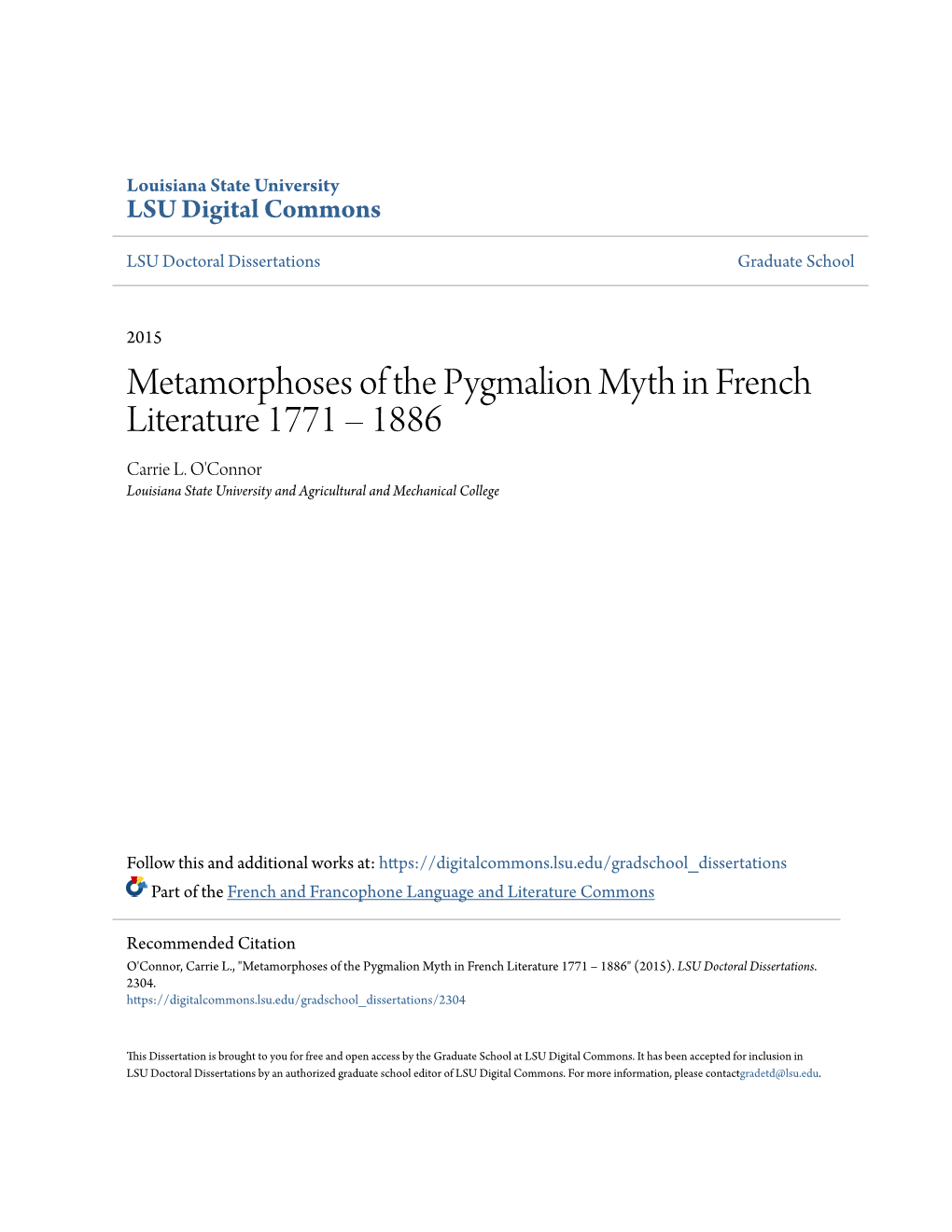 Metamorphoses of the Pygmalion Myth in French Literature 1771 – 1886 Carrie L