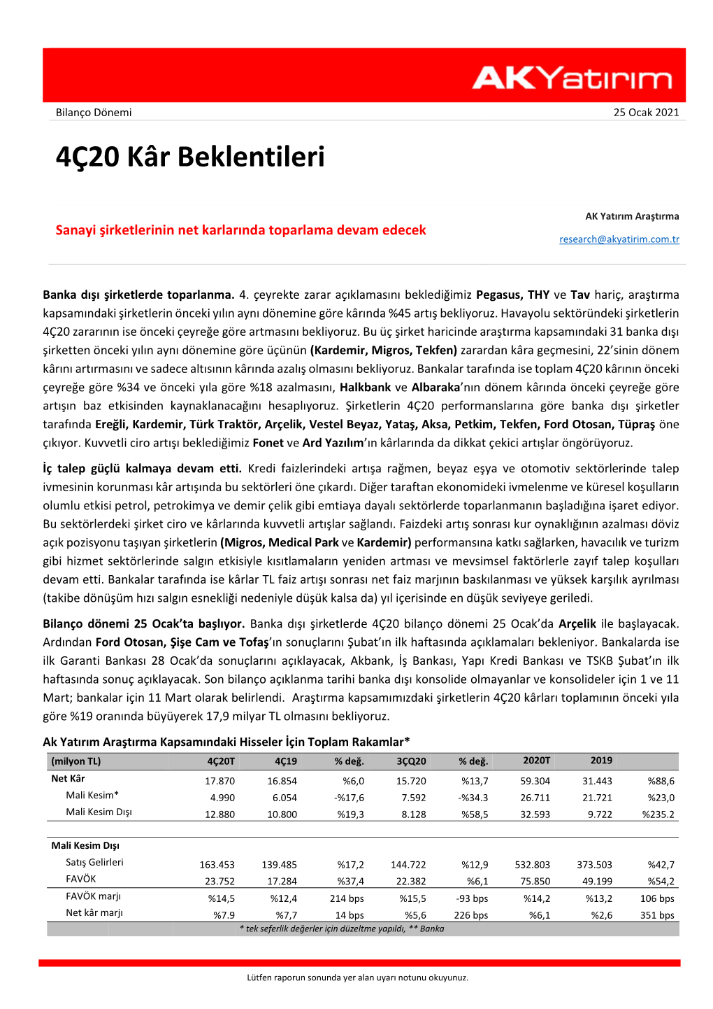 4Ç20 Kâr Beklentileri