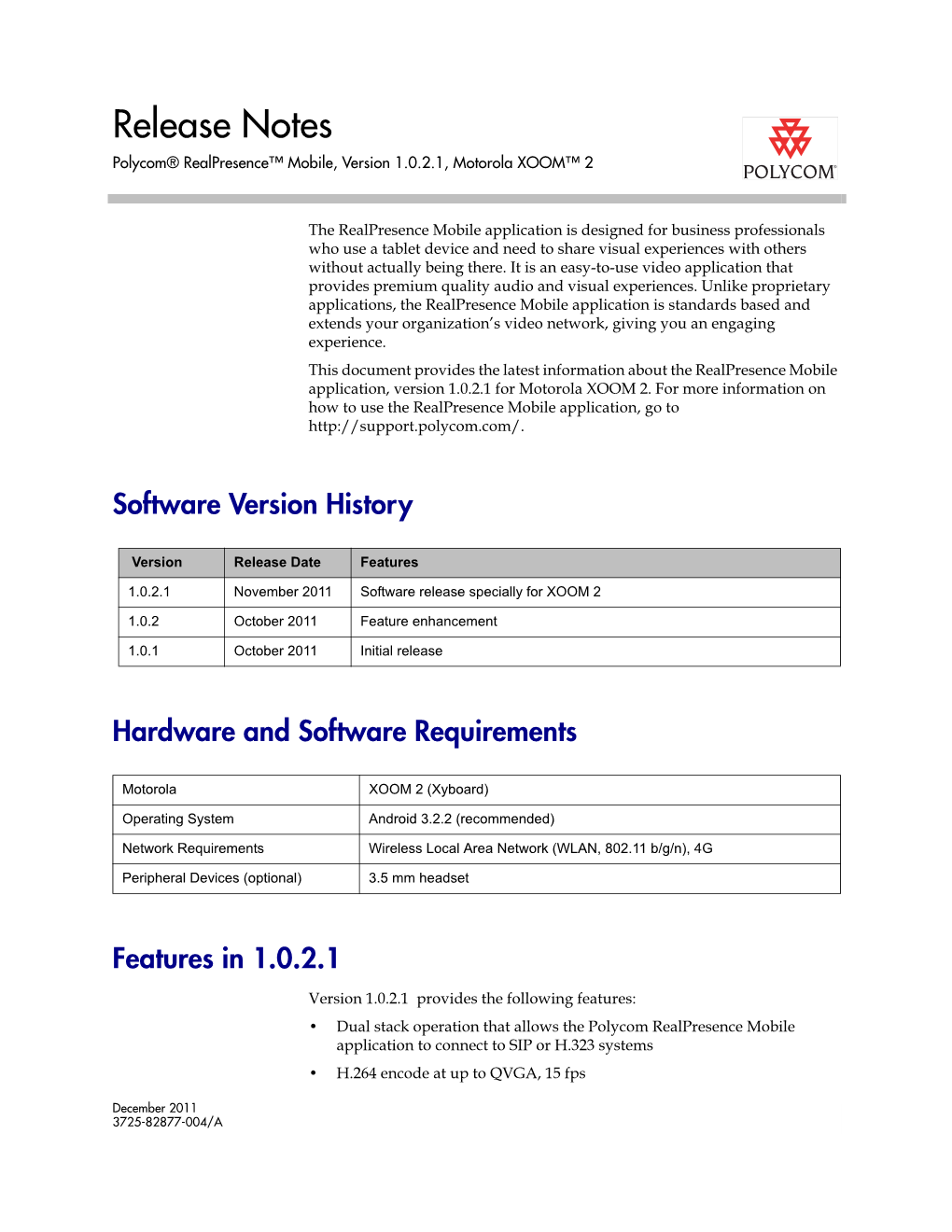 Release Notes for Polycom Realpresence Mobile Application