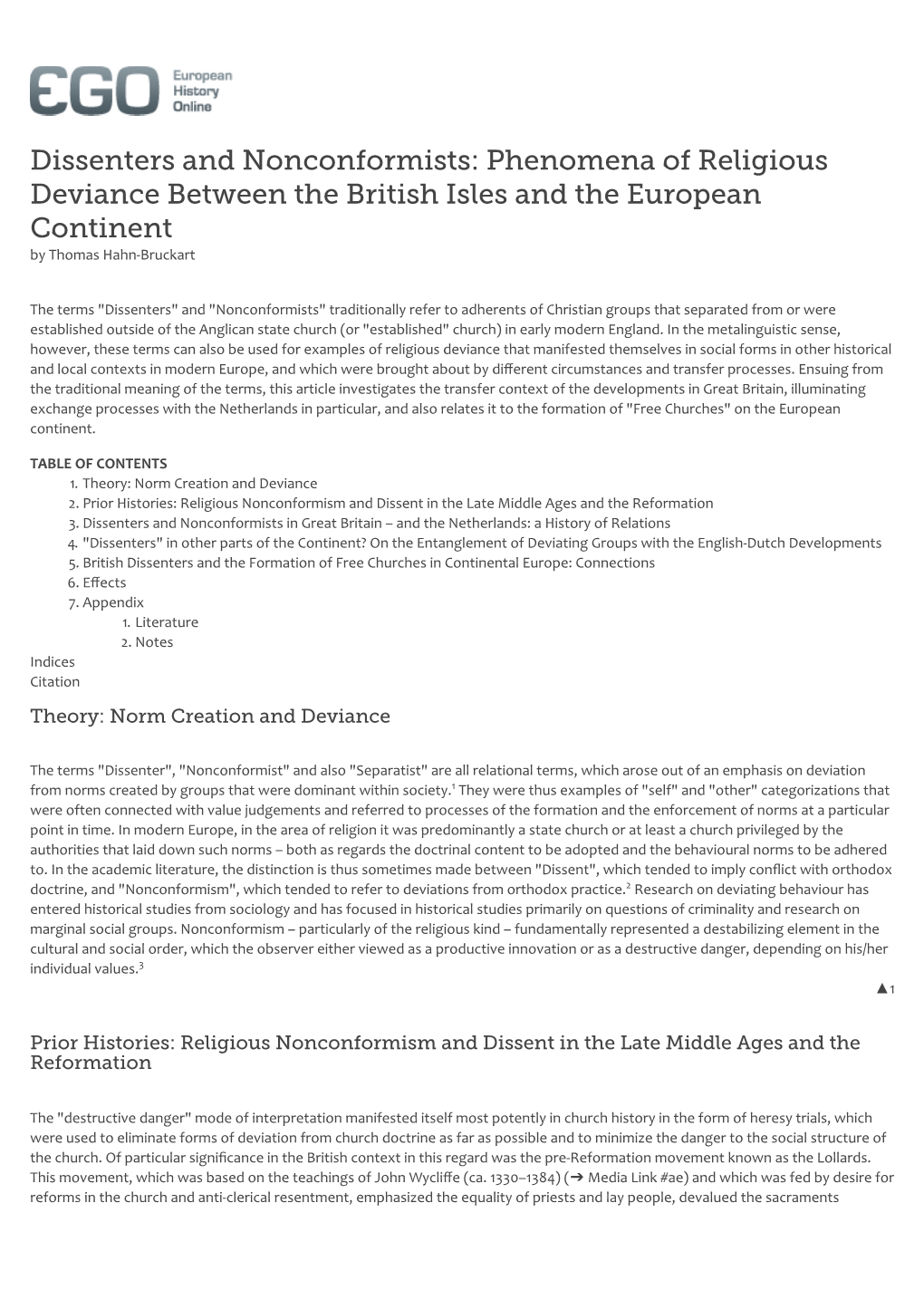 Dissenters and Nonconformists: Phenomena of Religious Deviance Between the British Isles and the European Continent by Thomas Hahn-Bruckart