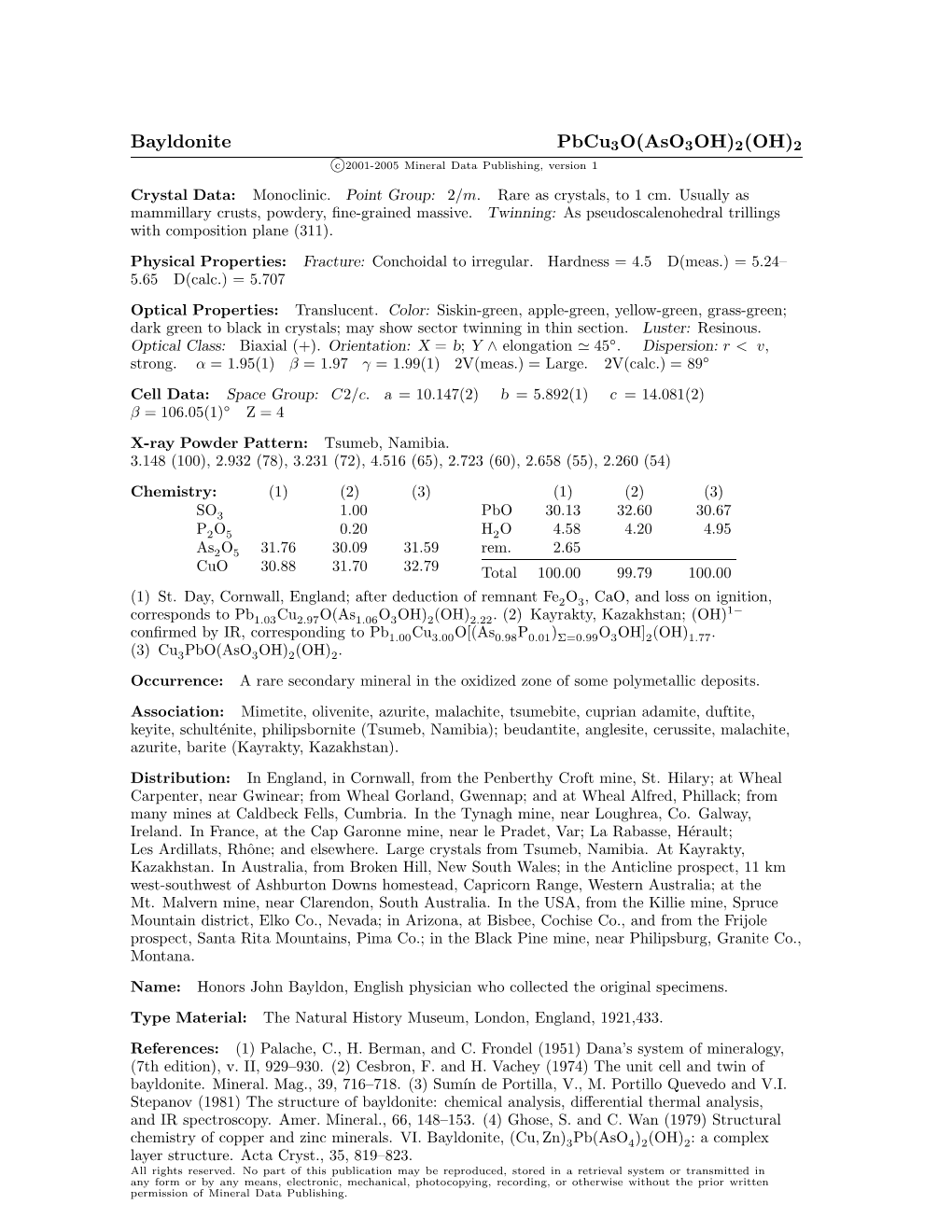 Bayldonite Pbcu3o(Aso3oh)2(OH)2 C 2001-2005 Mineral Data Publishing, Version 1