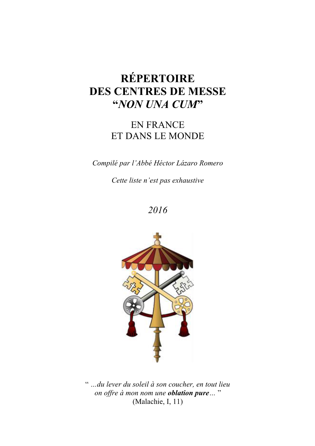 Répertoire Des Centres De Messe “Non Una Cum”