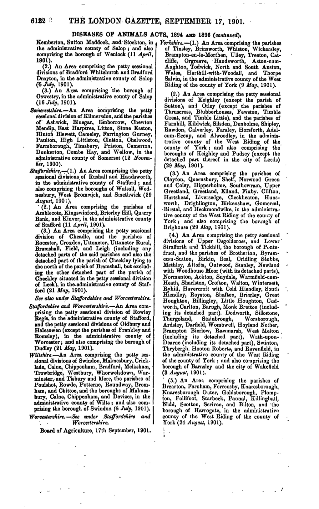 THE LONDON GAZETTE, SEPTEMBER 17, 1901. DISEASES OP ANIMALS ACTS, 1894 and 1896 (Continued)