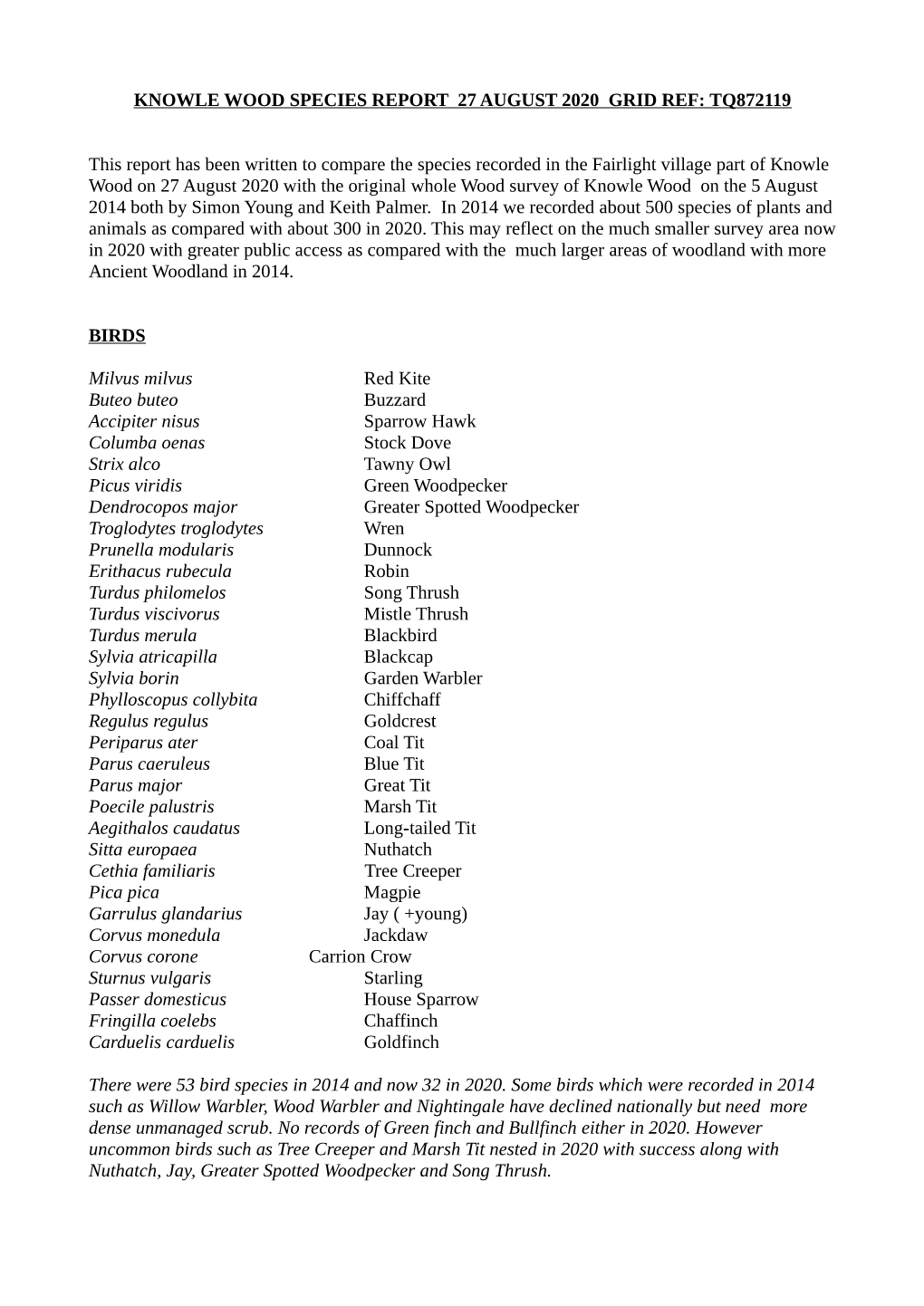 Knowle Wood Species Report 27 August 2020 Grid Ref: Tq872119