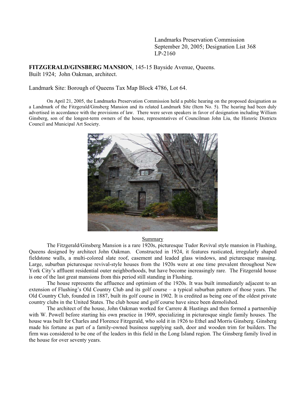 Landmarks Preservation Commission September 20, 2005; Designation List 368 LP-2160