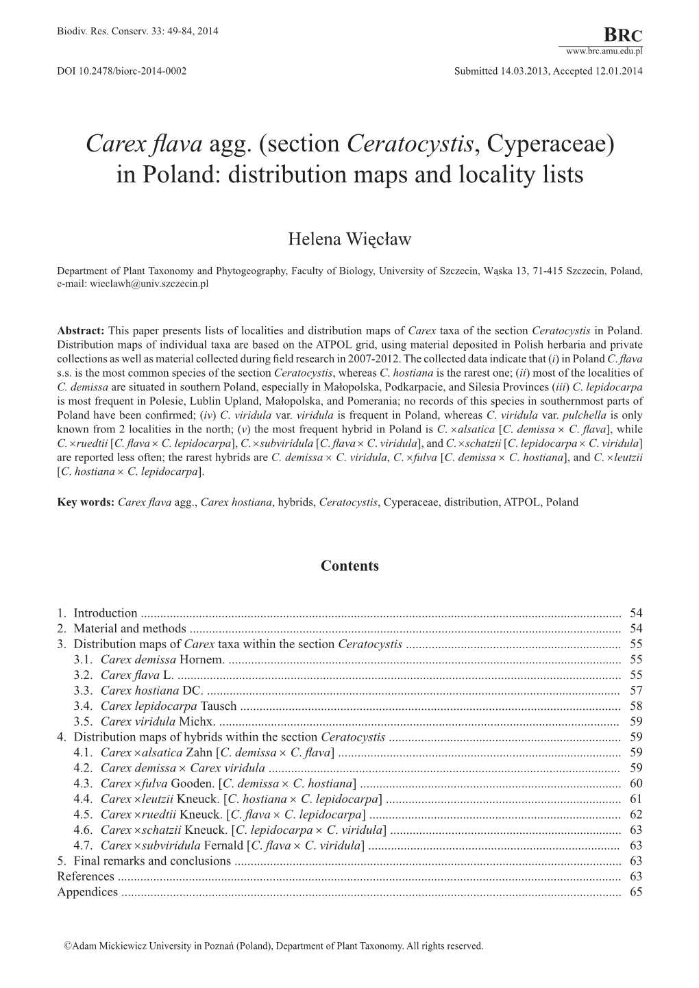 (Section Ceratocystis, Cyperaceae) in Poland: Distribution Maps and Locality Lists