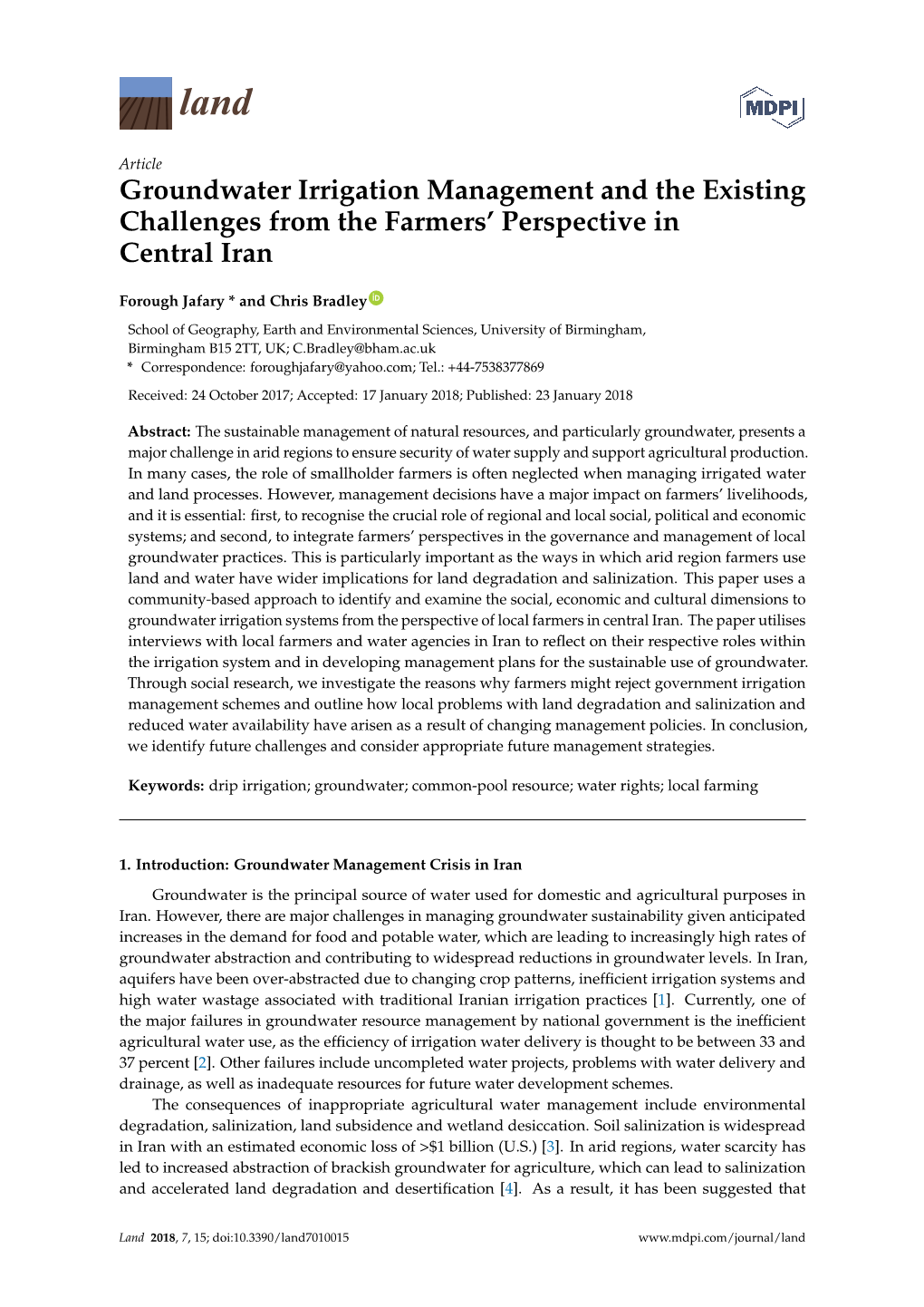 Groundwater Irrigation Management and the Existing Challenges from the Farmers’ Perspective in Central Iran