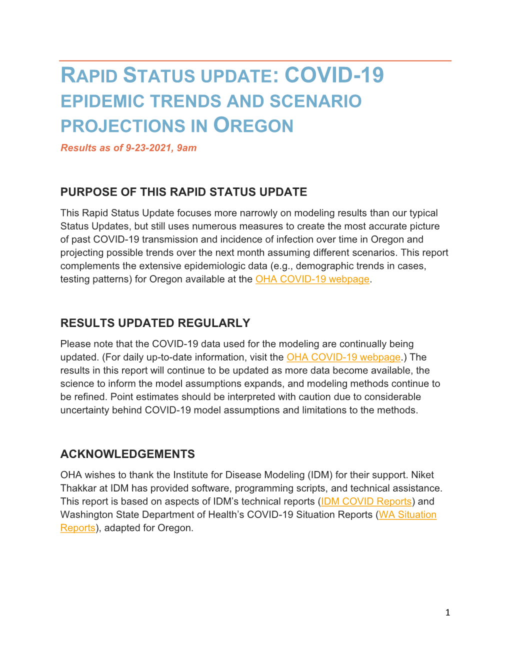COVID-19 EPIDEMIC TRENDS and SCENARIO PROJECTIONS in OREGON Results As of 9-23-2021, 9Am