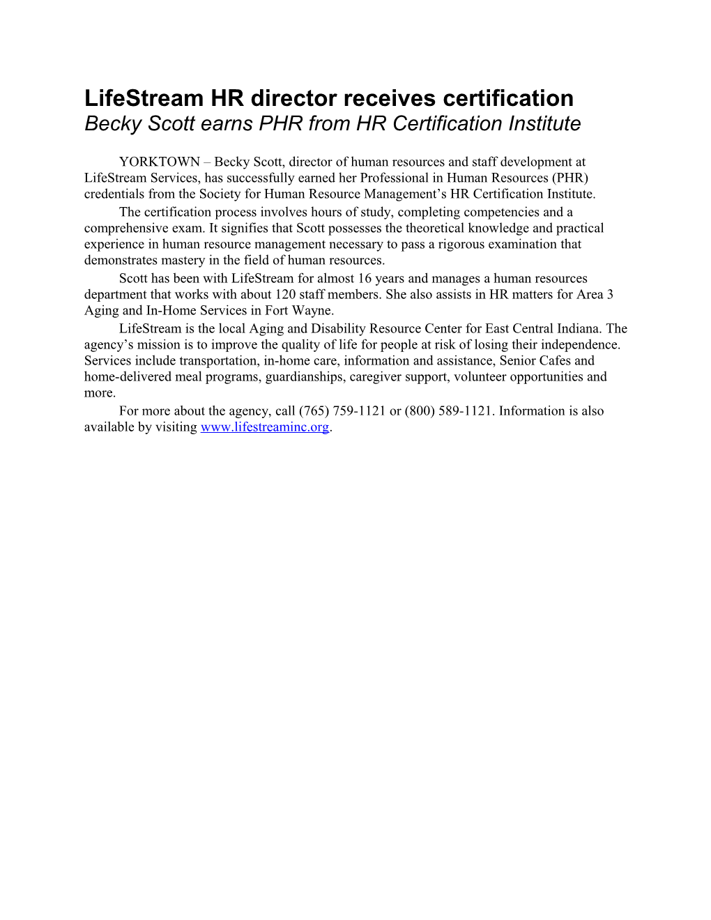 Lifestream HR Director Receives Certification