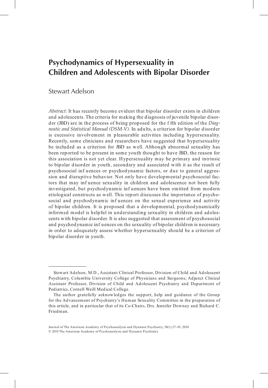 Psychodynamics of Hypersexuality in Children and Adolescents with Bipolar Disorder