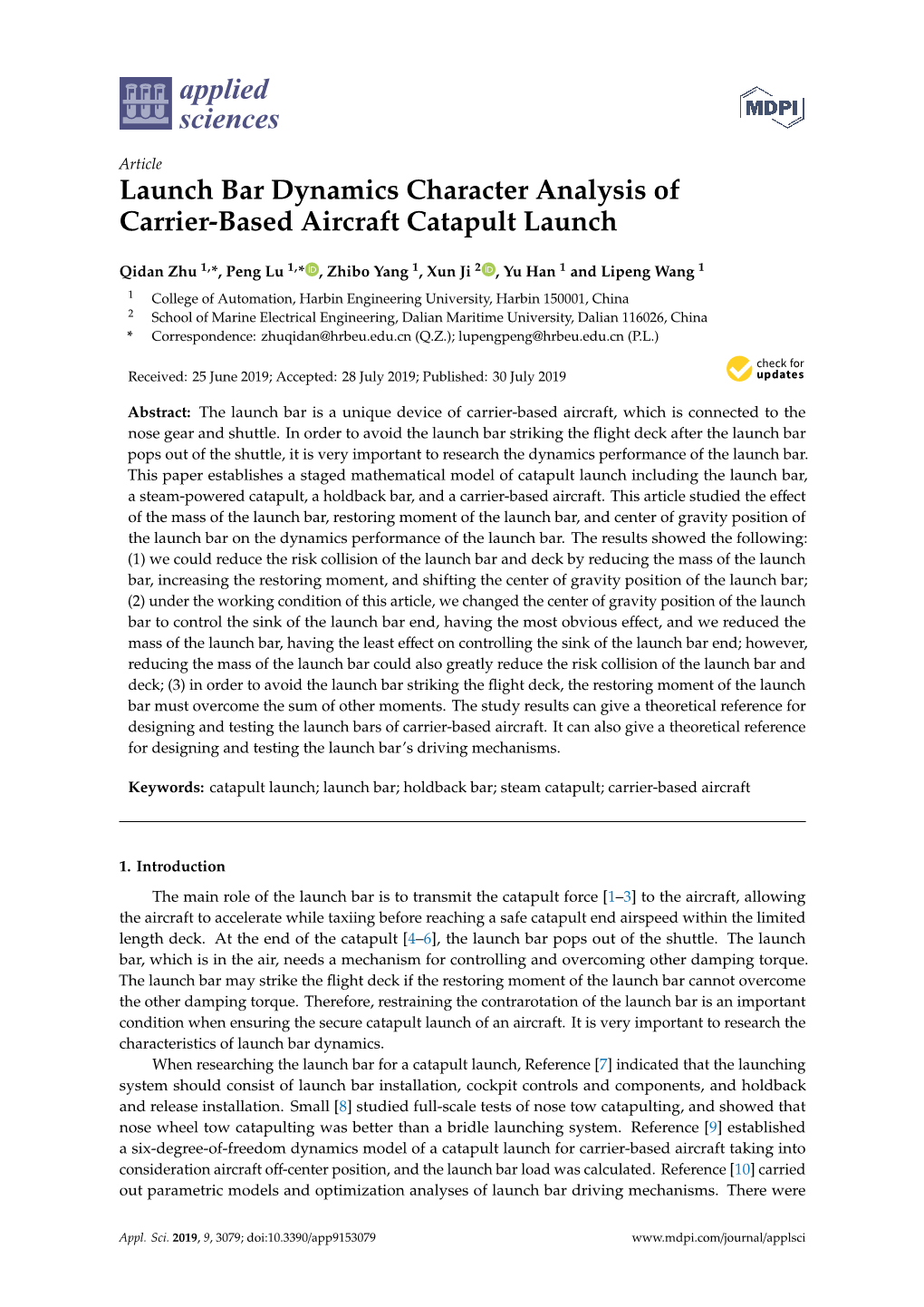 Launch Bar Dynamics Character Analysis of Carrier-Based Aircraft Catapult Launch