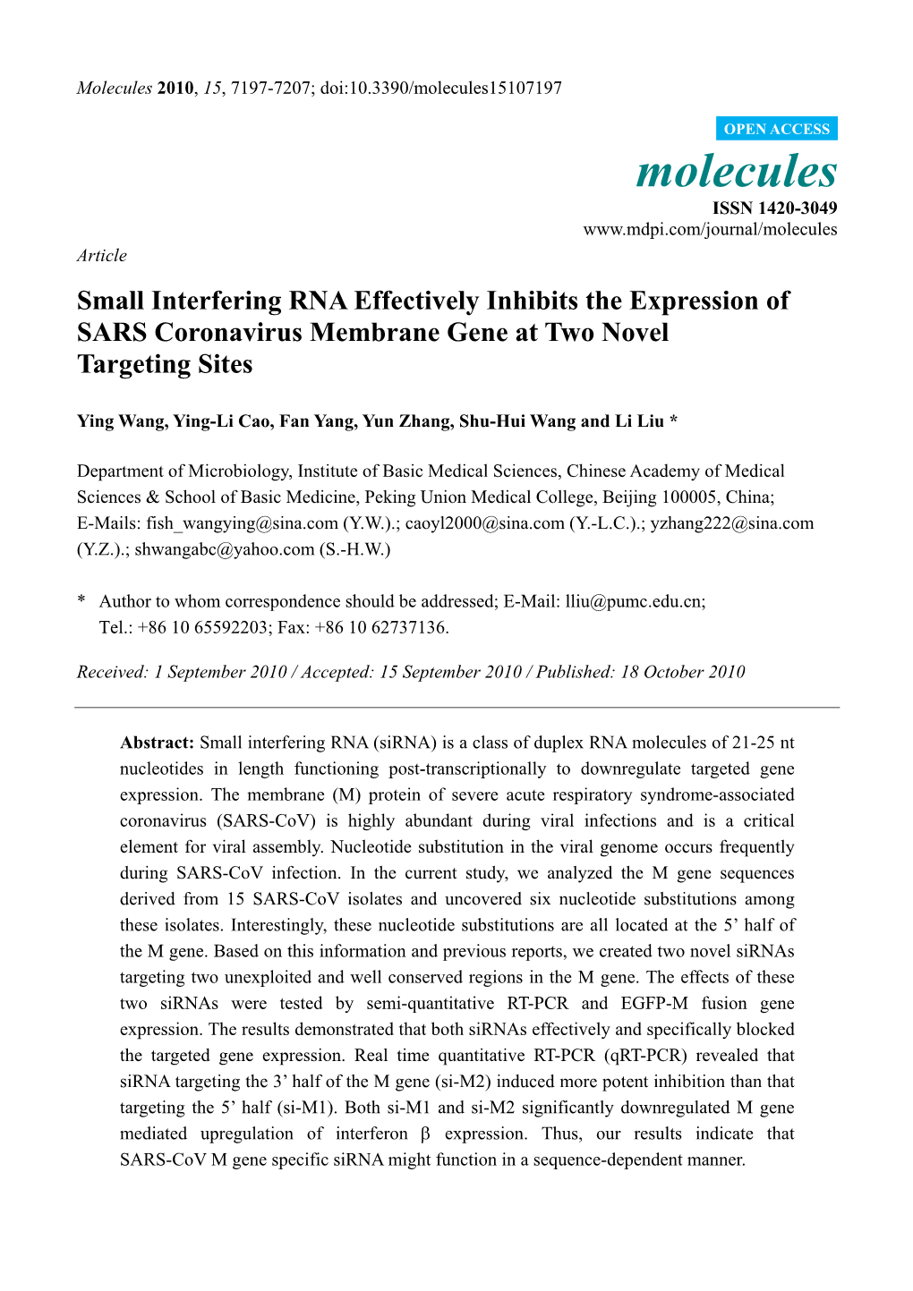 Small Interfering RNA Effectively Inhibits the Expression of SARS Coronavirus Membrane Gene at Two Novel Targeting Sites