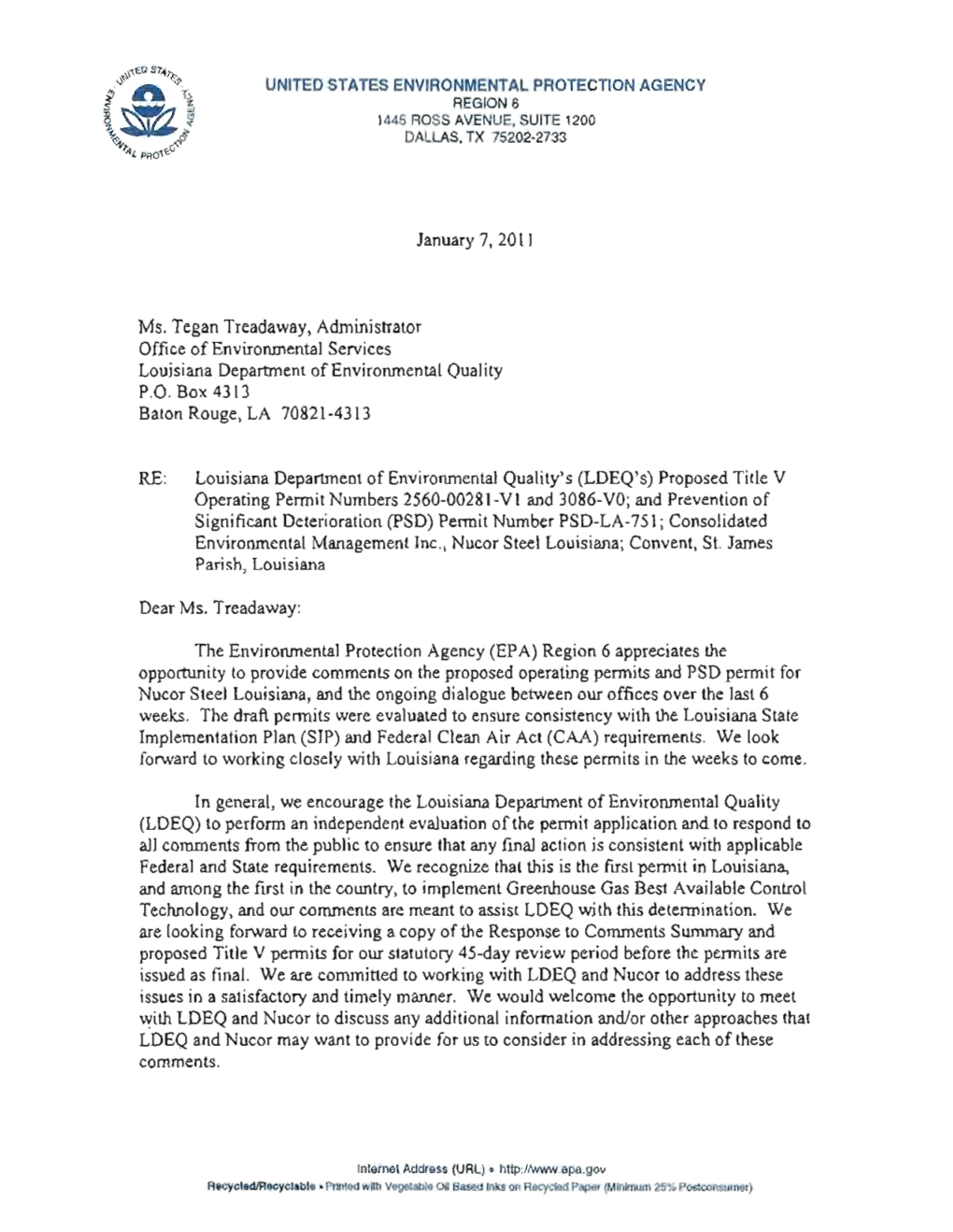 Region 6 GHG BACT Comments to LDEQ on the Nucor Steel Louisiana PSD Permit